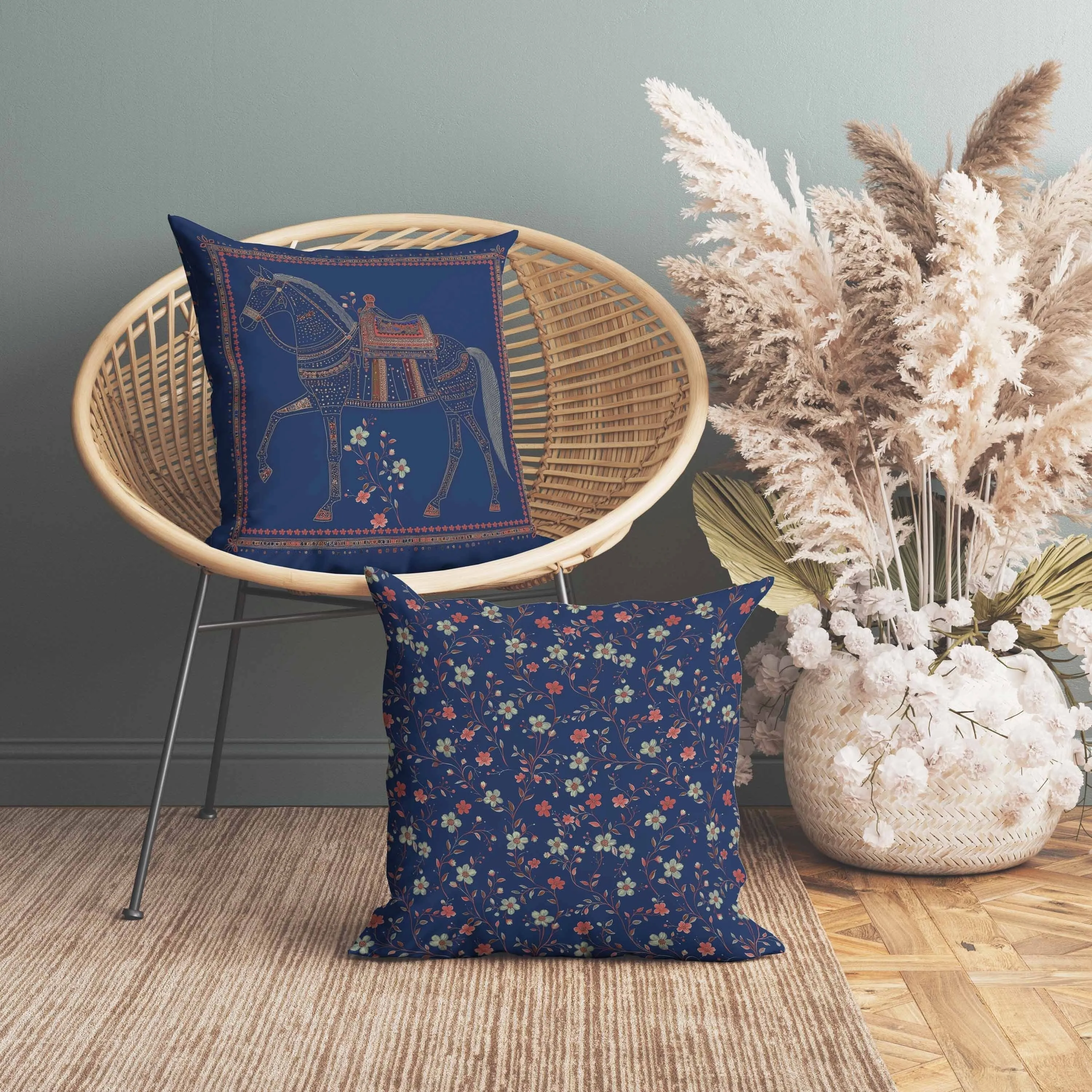Painted Pony Faux Suede Reversible Throw Pillow Blue and Orange