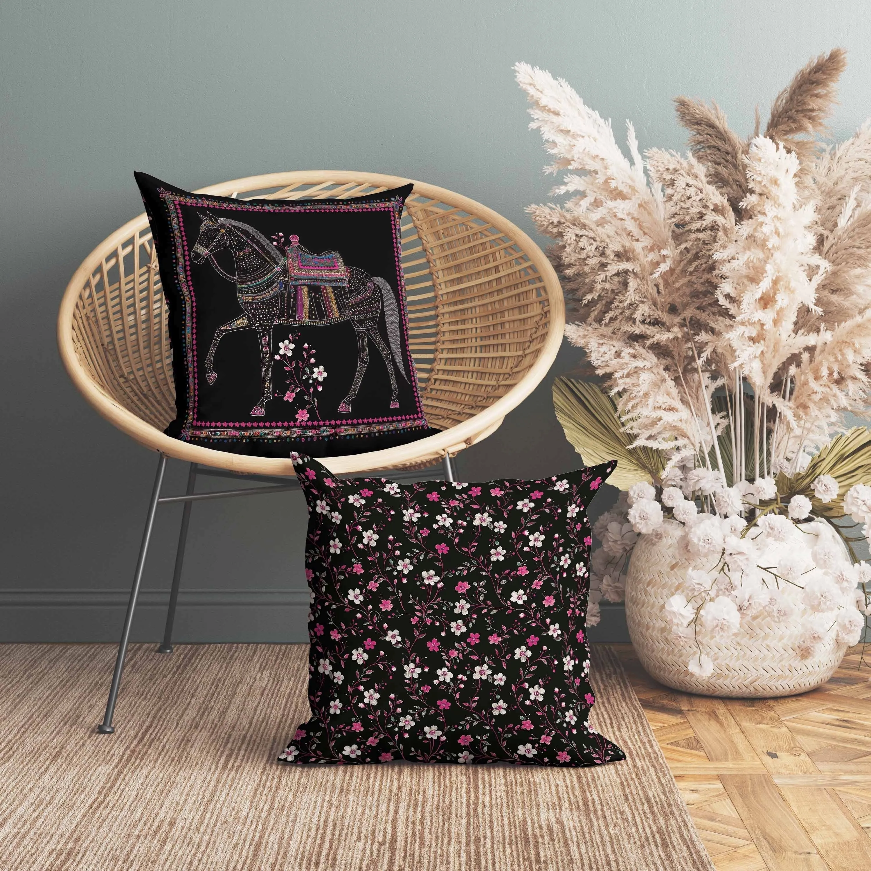 Painted Pony Indoor/Outdoor Reversible Throw Pillow Black and Pink