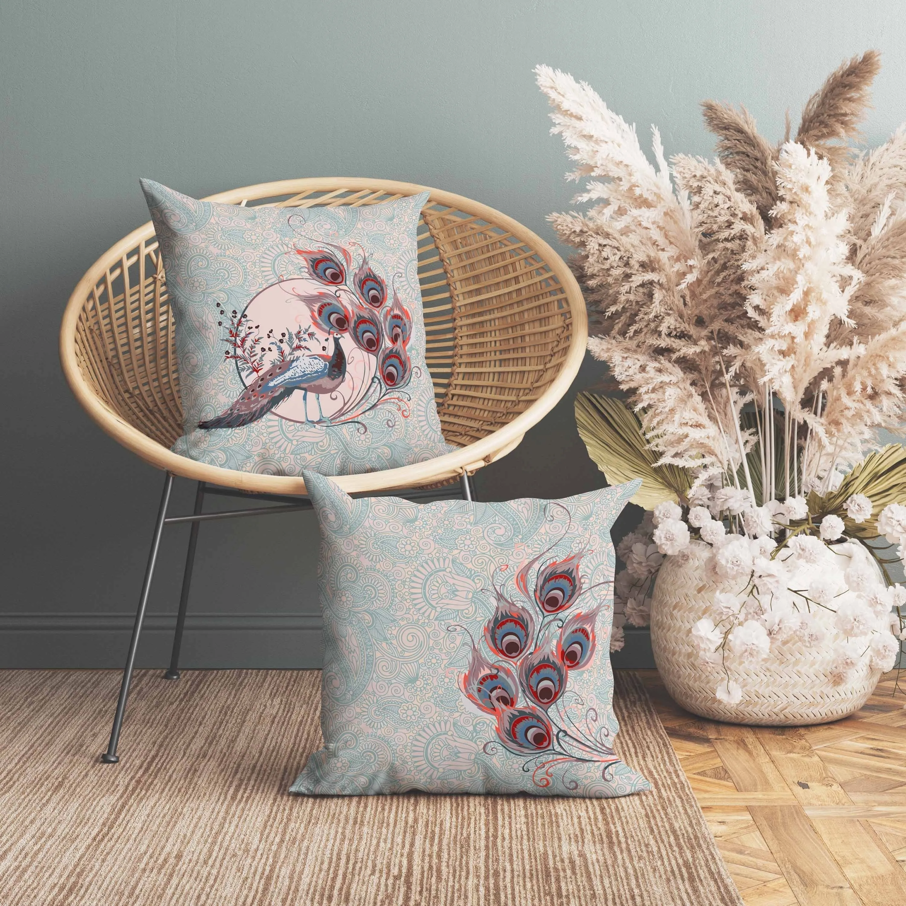 Paisley Peacock Dreams Faux Suede Reversible Throw Pillow Pink and Opal