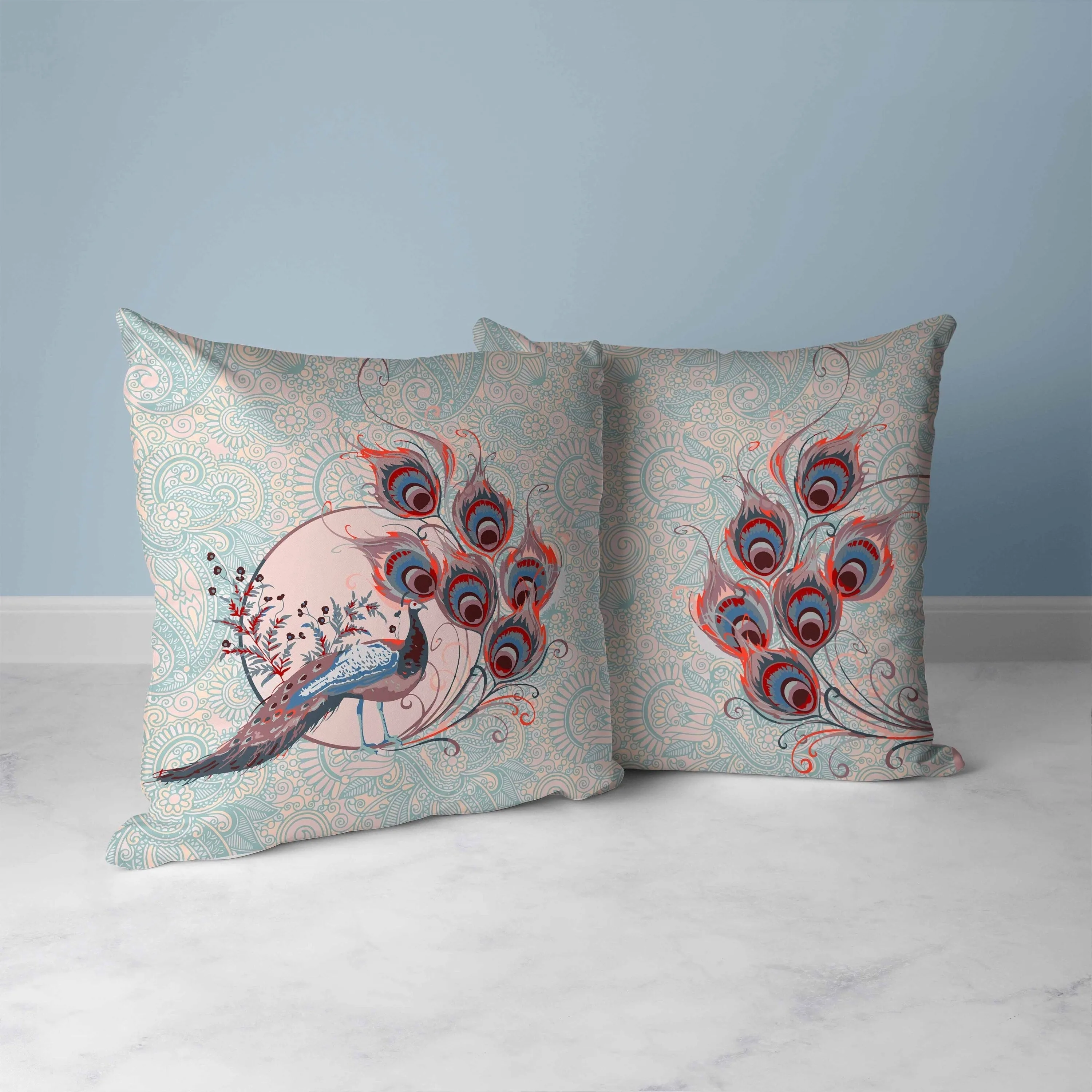 Paisley Peacock Dreams Faux Suede Reversible Throw Pillow Pink and Opal