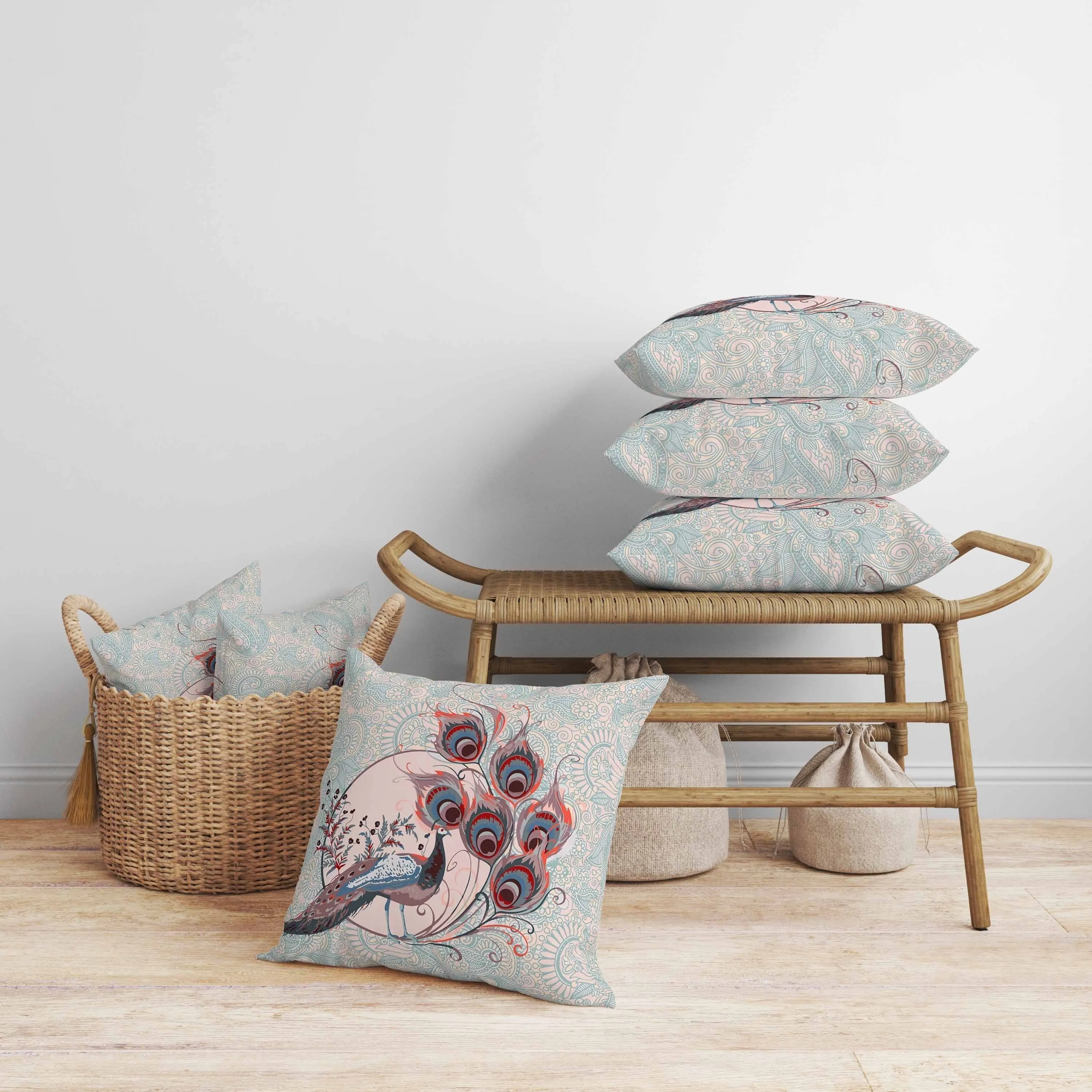 Paisley Peacock Dreams Faux Suede Reversible Throw Pillow Pink and Opal