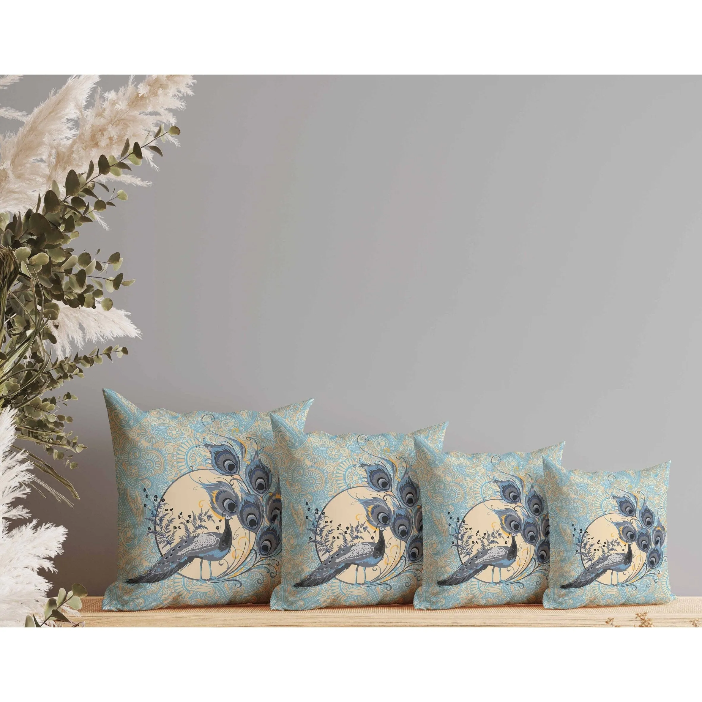 Paisley Peacock Dreams Faux Suede Reversible Throw Pillow Skyblue and Dutch