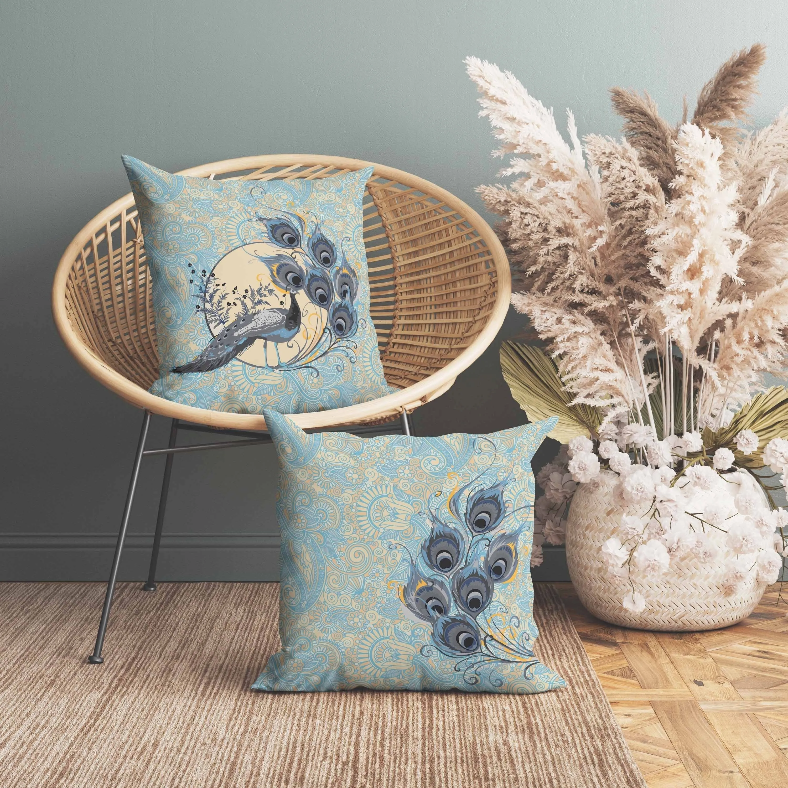 Paisley Peacock Dreams Faux Suede Reversible Throw Pillow Skyblue and Dutch