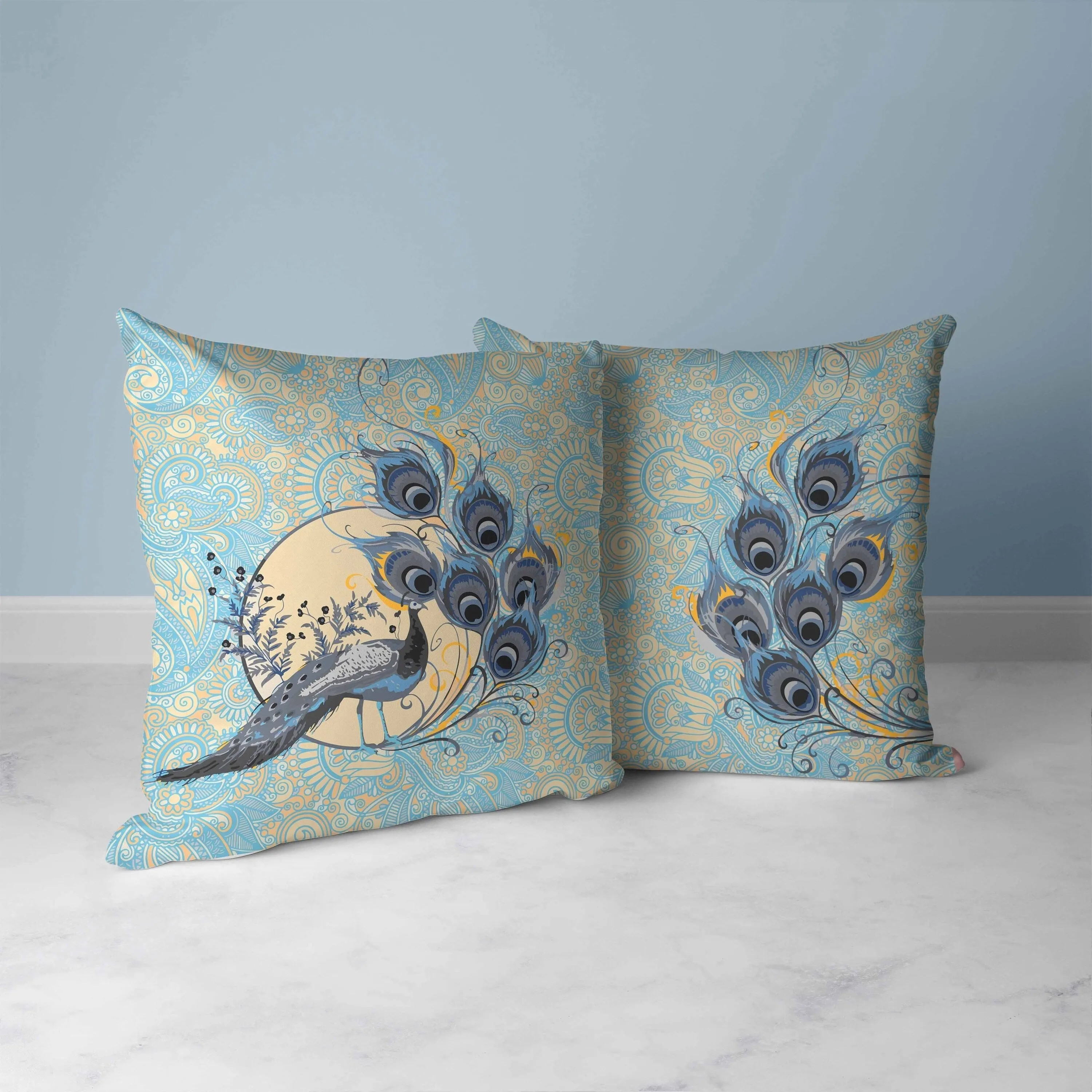Paisley Peacock Dreams Faux Suede Reversible Throw Pillow Skyblue and Dutch