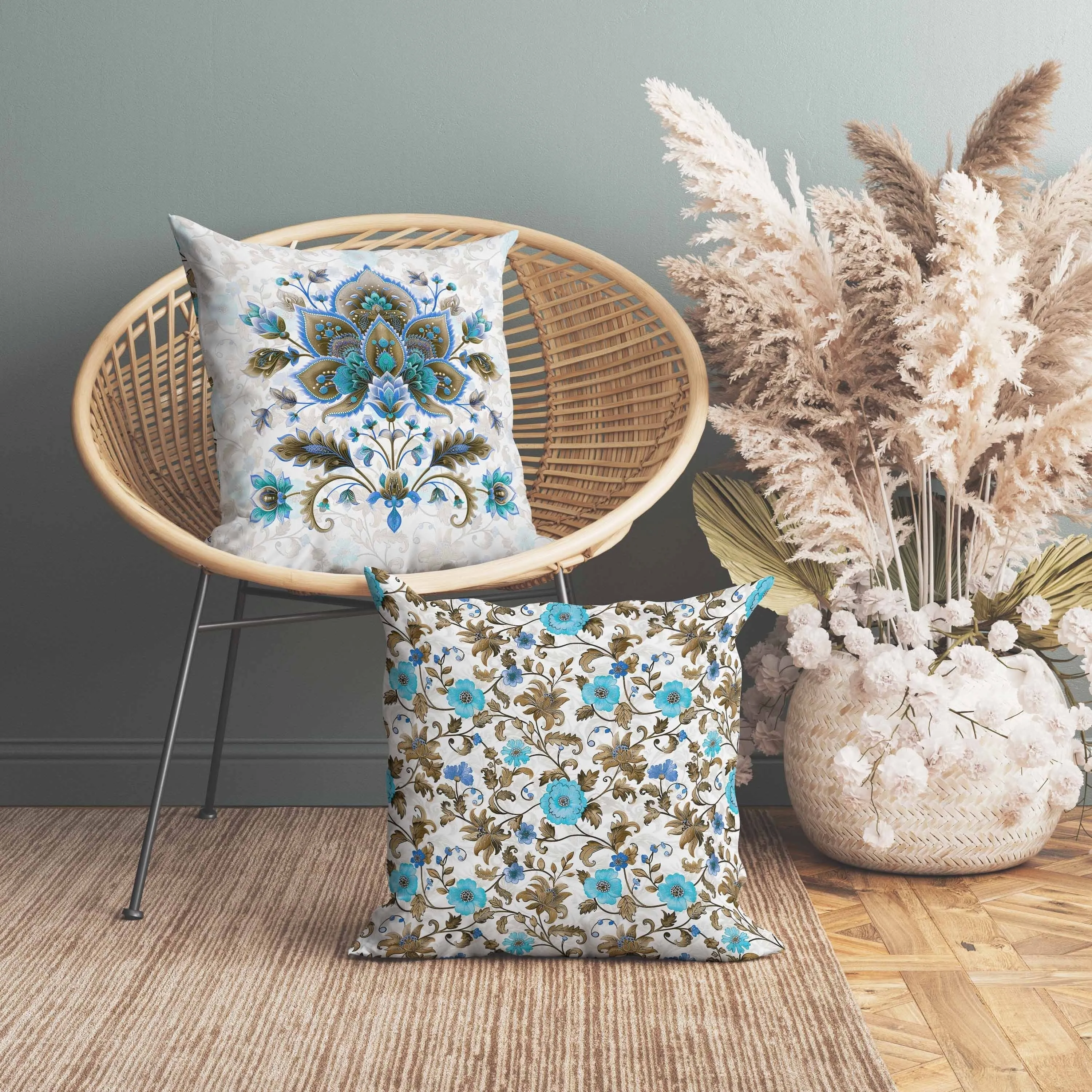 Paisley Petal Melody Faux Suede Reversible Throw Pillow Blue and Copper