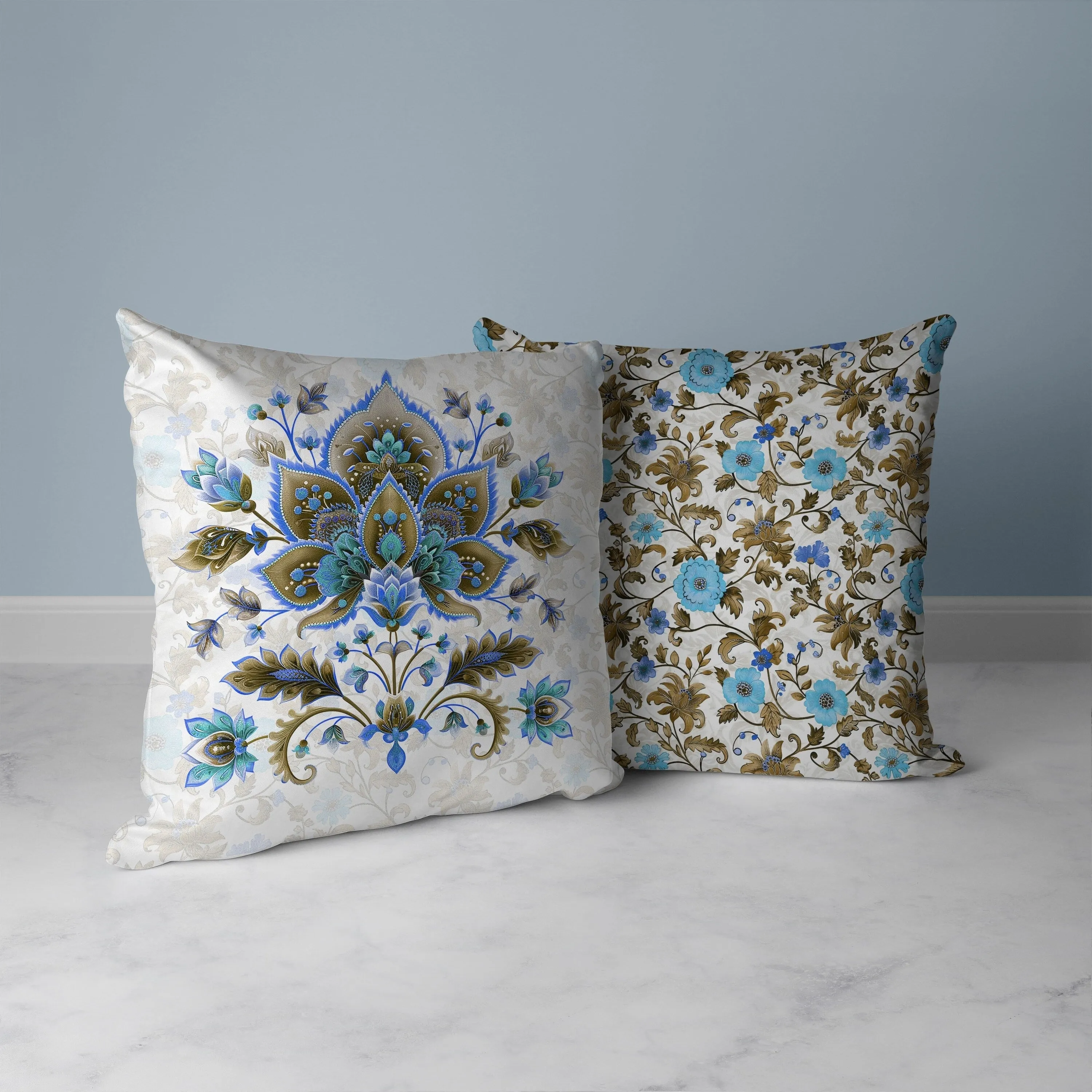 Paisley Petal Melody Faux Suede Reversible Throw Pillow Blue and Copper