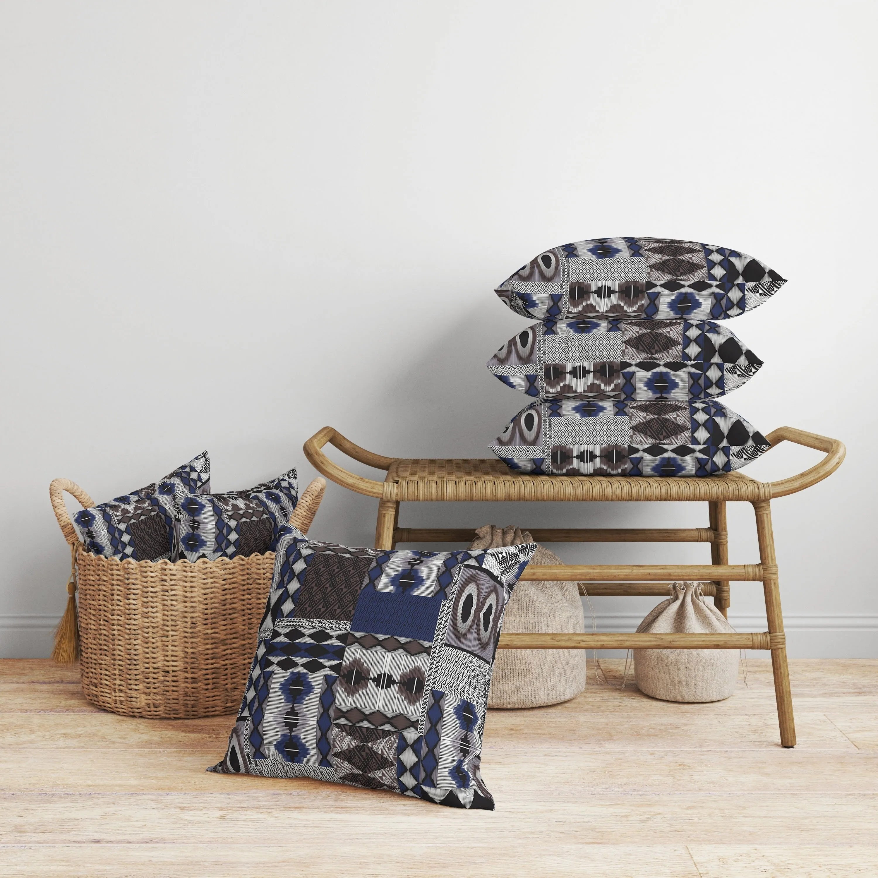 Patched Perfection Faux Suede Reversible Throw Pillow Blue and Quartz