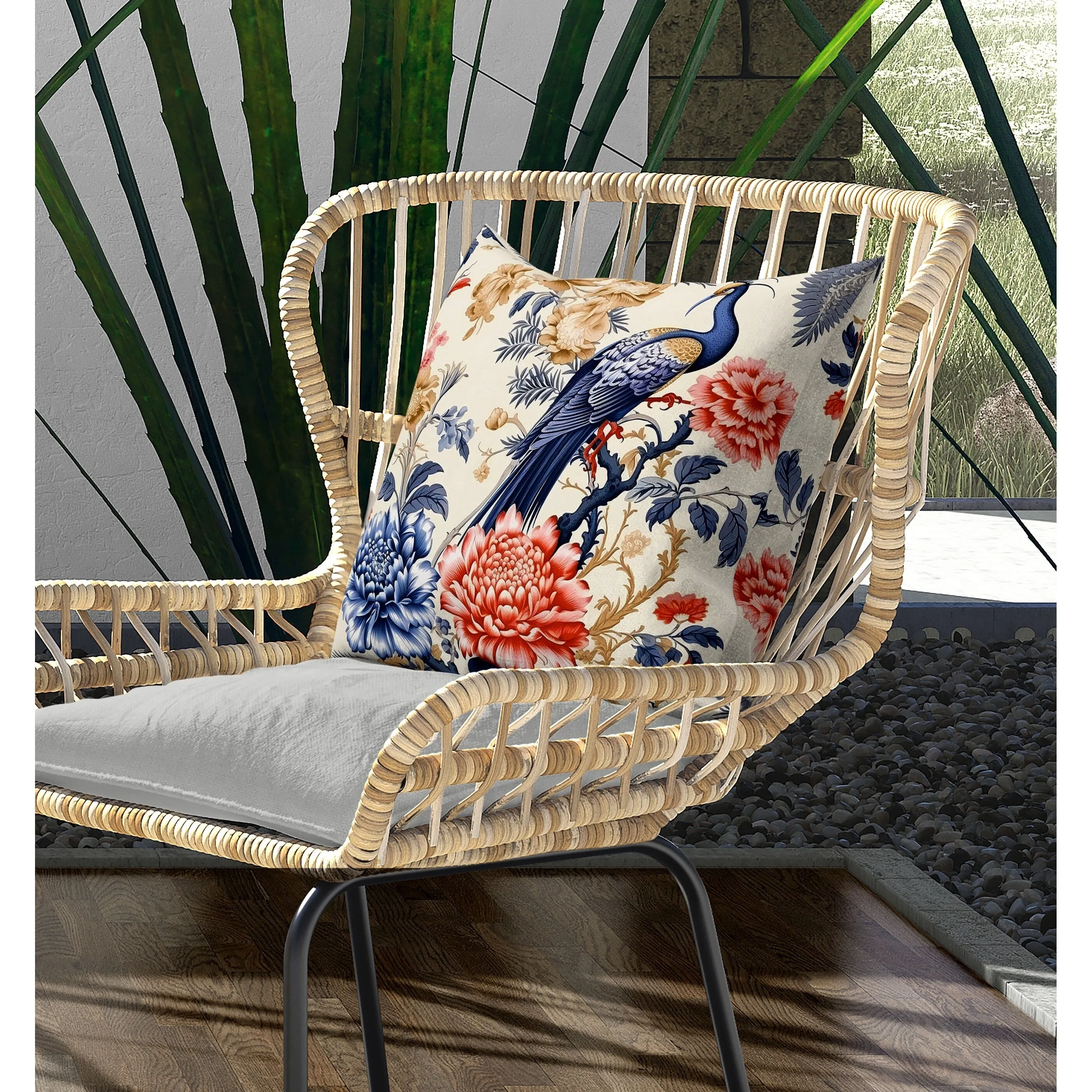 Peacock Panache Indoor/Outdoor Reversible Throw Pillow Beige and Grey