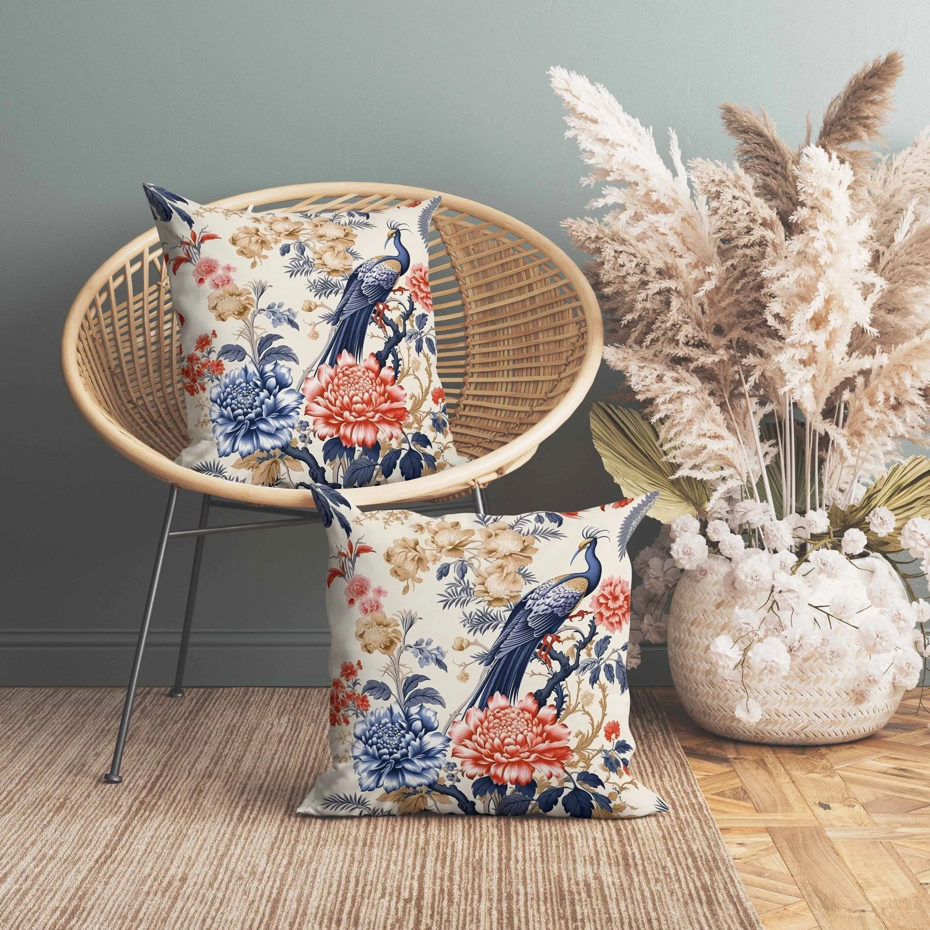 Peacock Panache Indoor/Outdoor Reversible Throw Pillow Beige and Grey