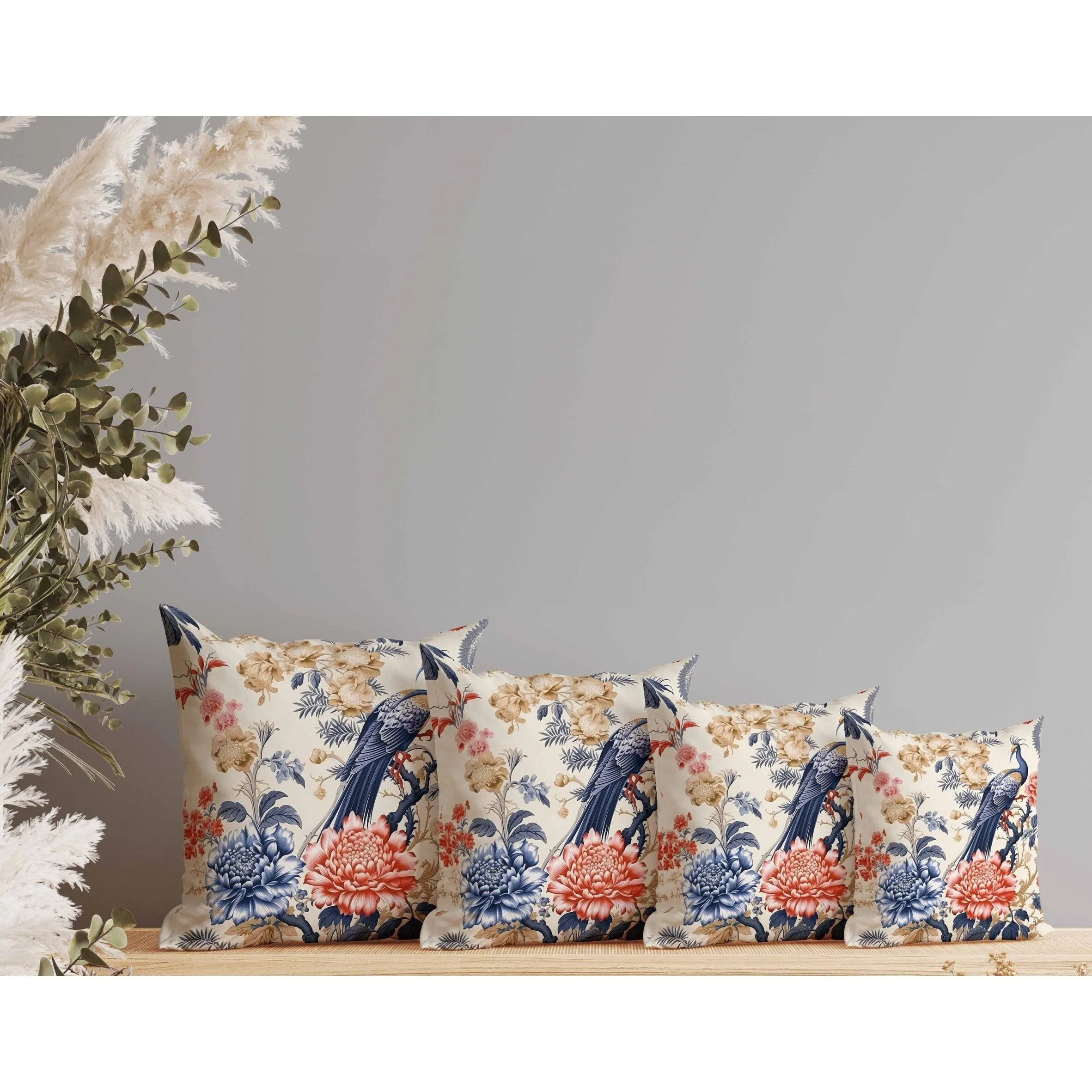 Peacock Panache Indoor/Outdoor Reversible Throw Pillow Beige and Grey