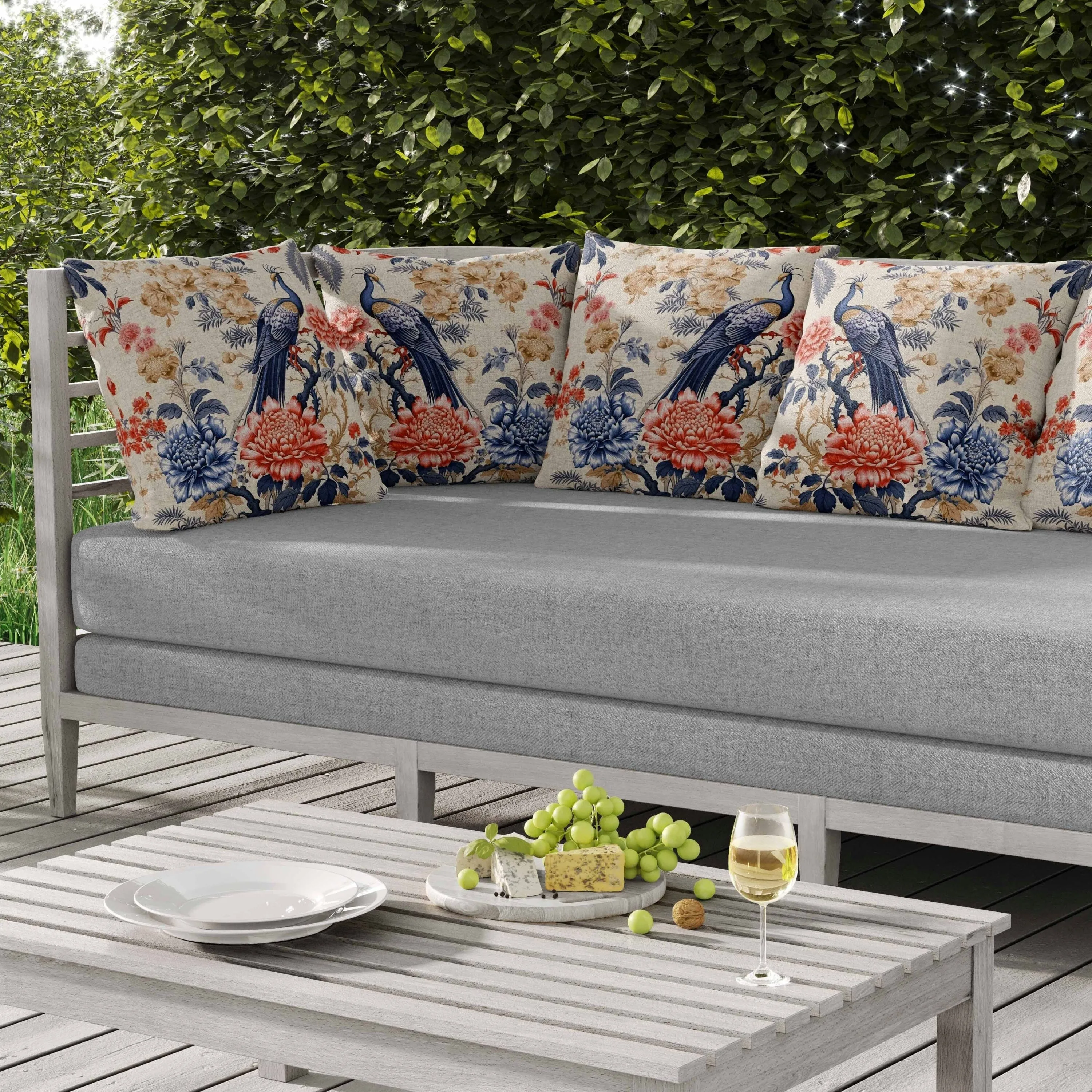 Peacock Panache Indoor/Outdoor Reversible Throw Pillow Beige and Grey