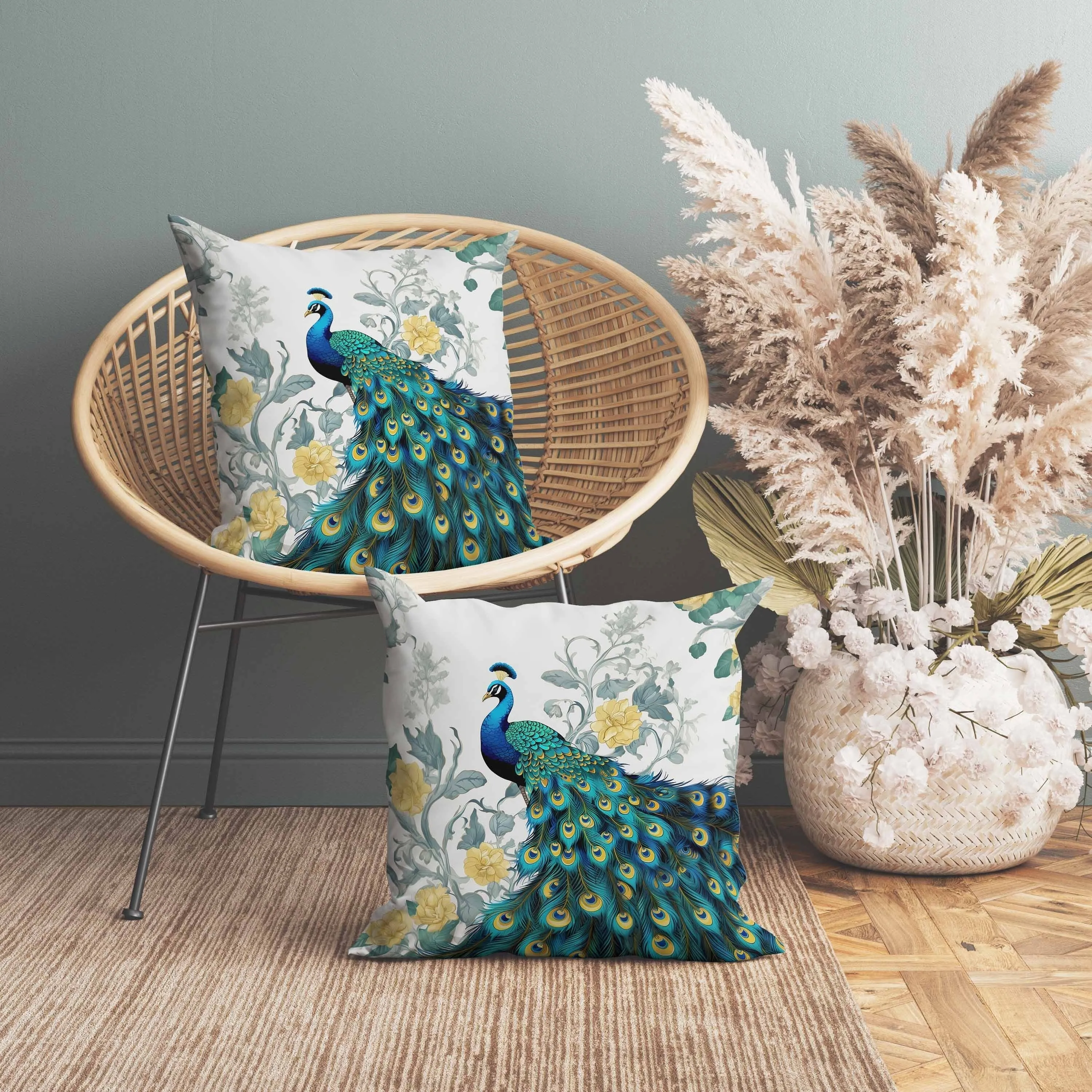 Peacock Secrets Indoor/Outdoor Reversible Throw Pillow Teal and Gold