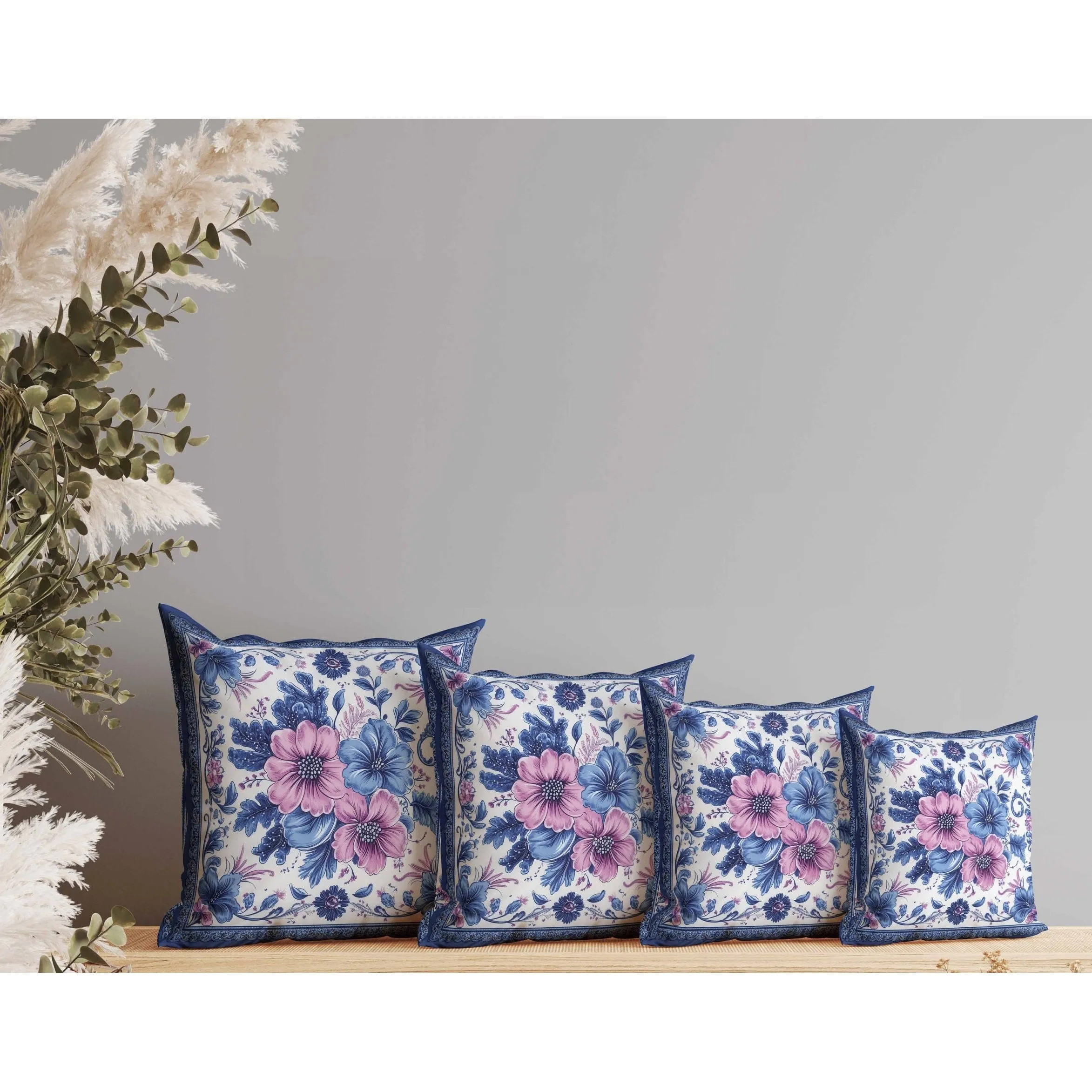 Periwinkle Pattern Faux Suede Reversible Throw Pillow Blue and Pink