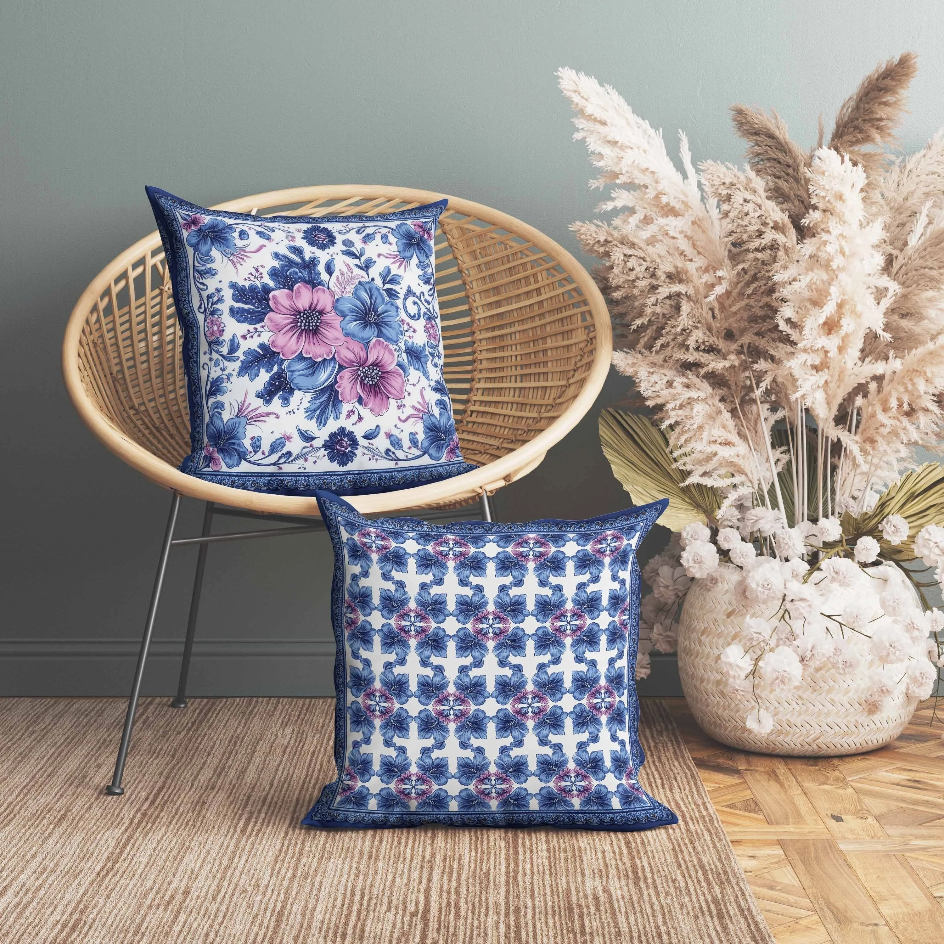 Periwinkle Pattern Faux Suede Reversible Throw Pillow Blue and Pink