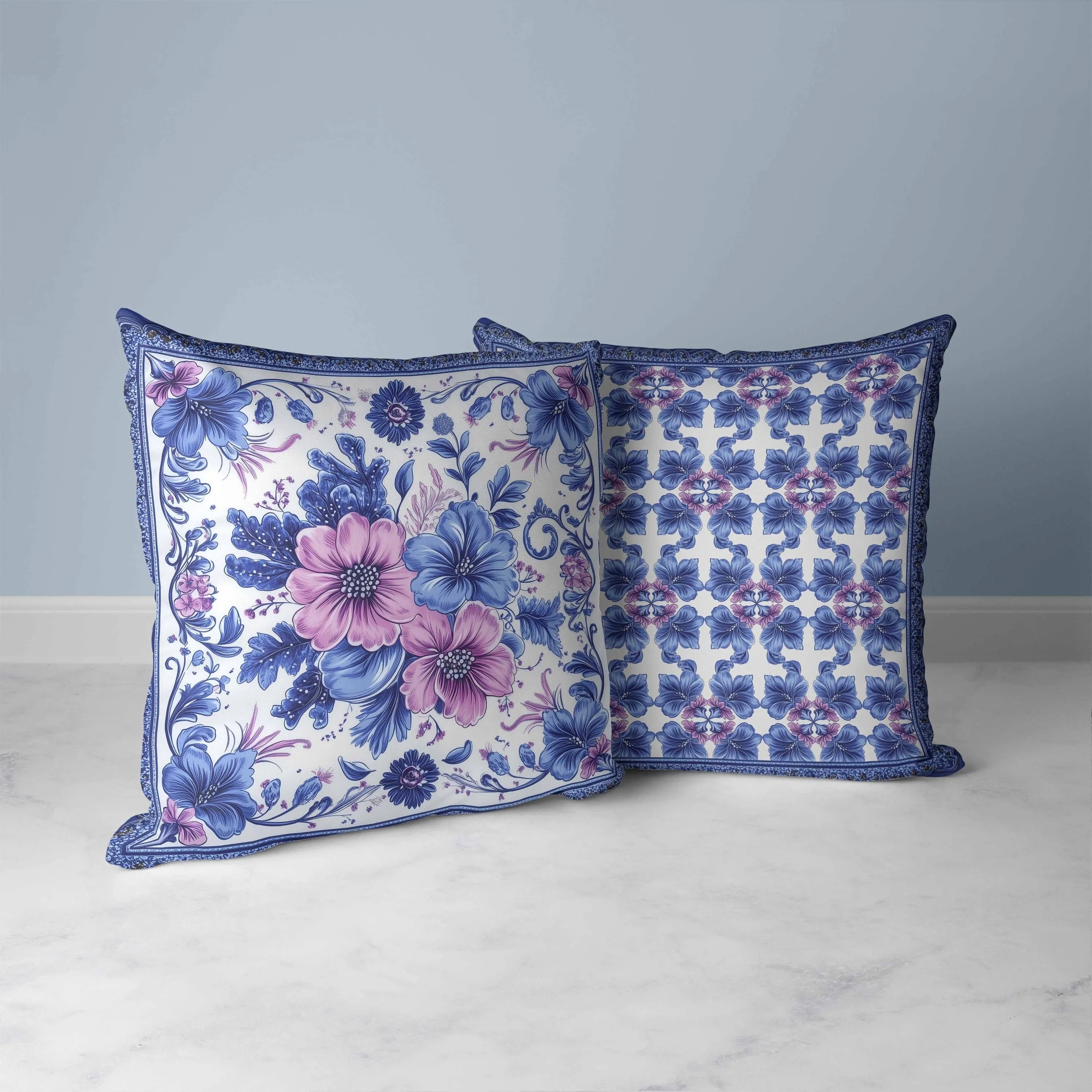 Periwinkle Pattern Faux Suede Reversible Throw Pillow Blue and Pink