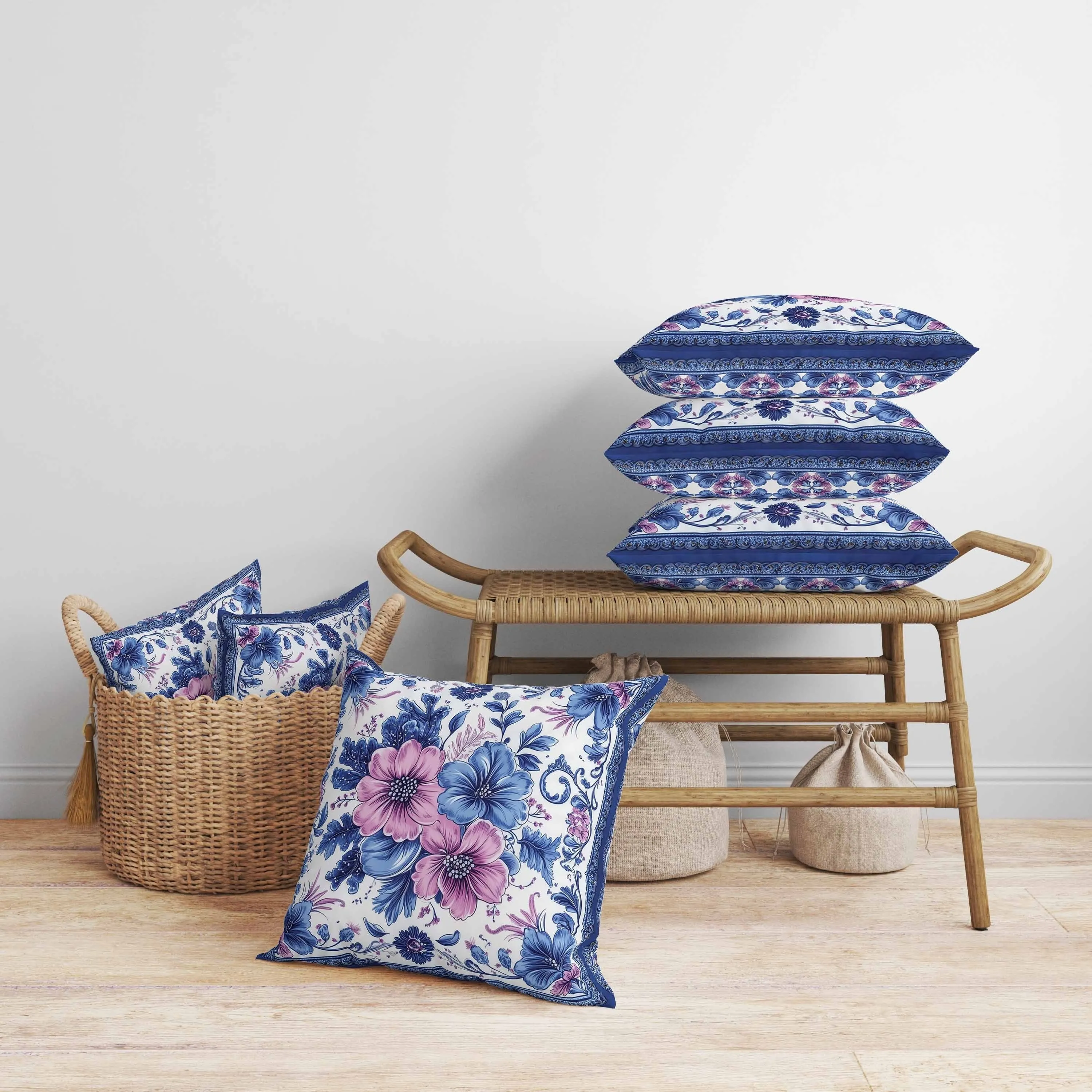 Periwinkle Pattern Faux Suede Reversible Throw Pillow Blue and Pink