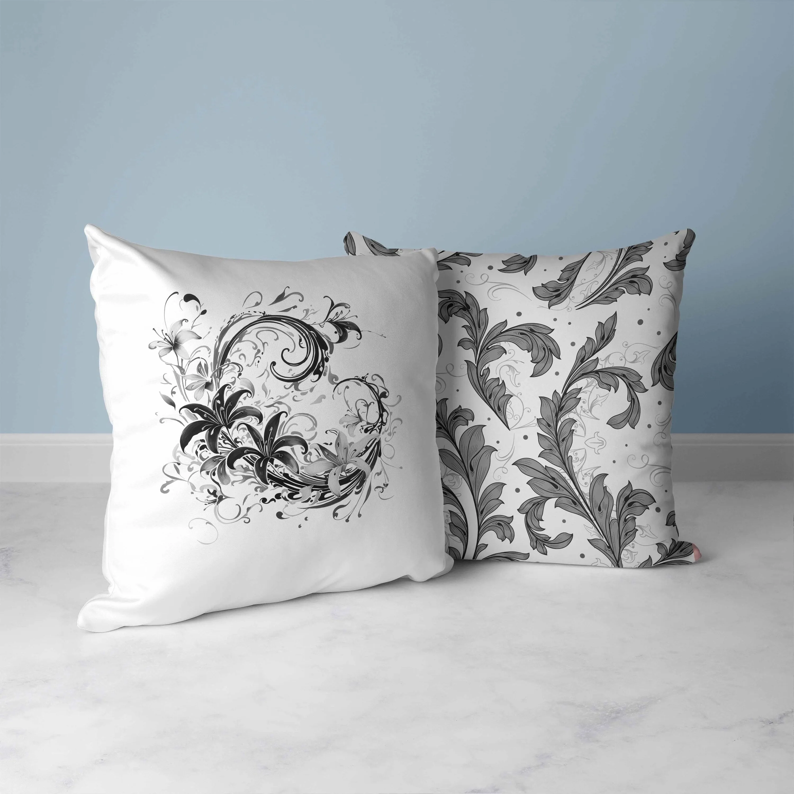 Petal and Swirl Faux Suede Reversible Throw Pillow White and Grey