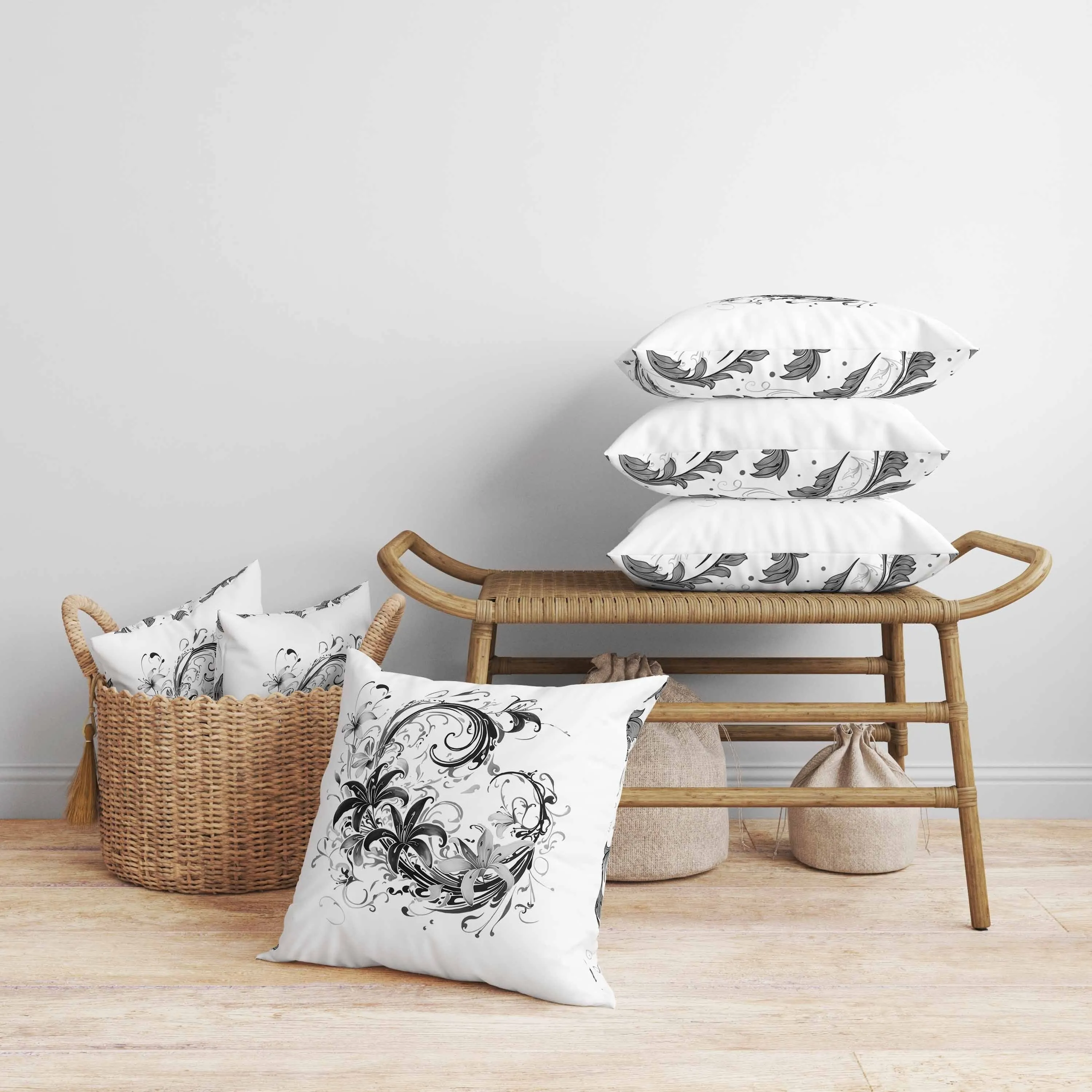 Petal and Swirl Faux Suede Reversible Throw Pillow White and Grey
