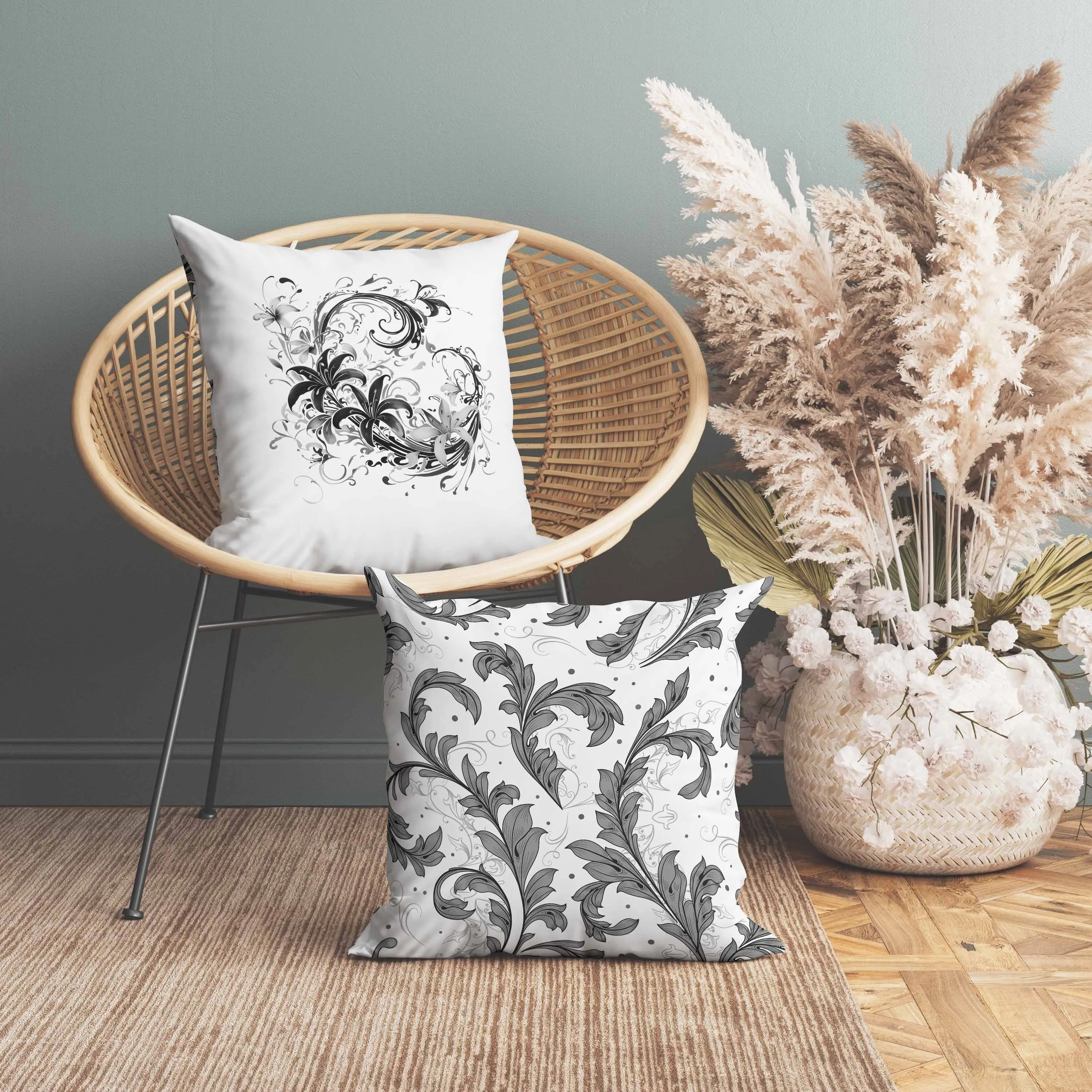 Petal and Swirl Faux Suede Reversible Throw Pillow White and Grey