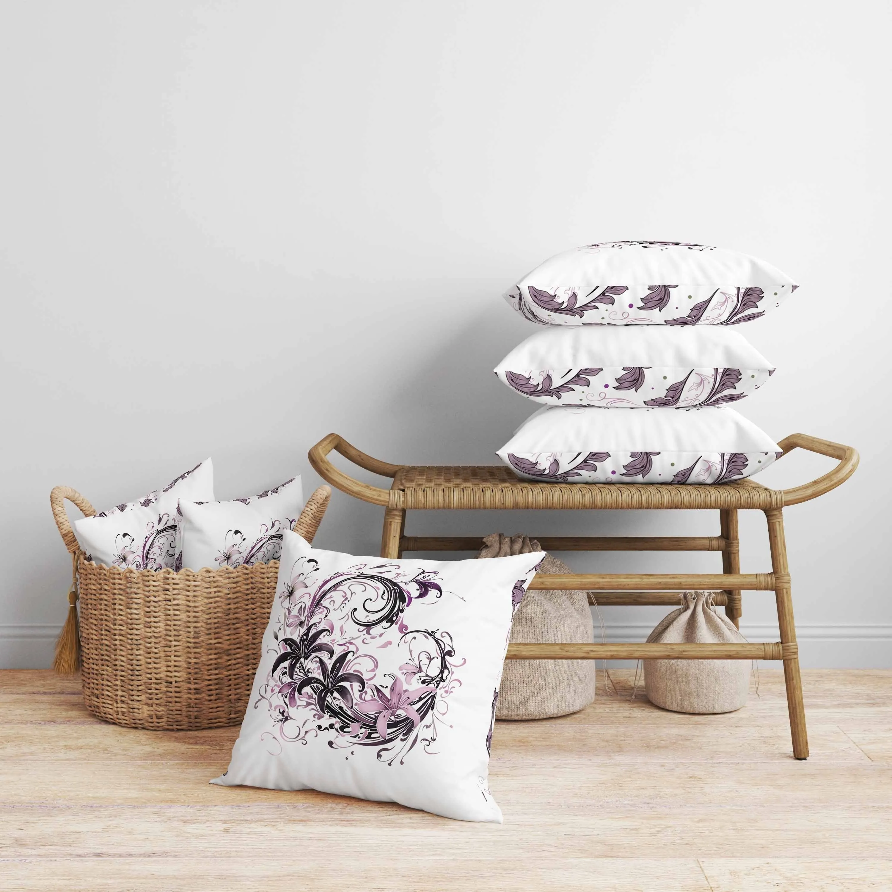 Petal and Swirl Faux Suede Reversible Throw Pillow White and Purple