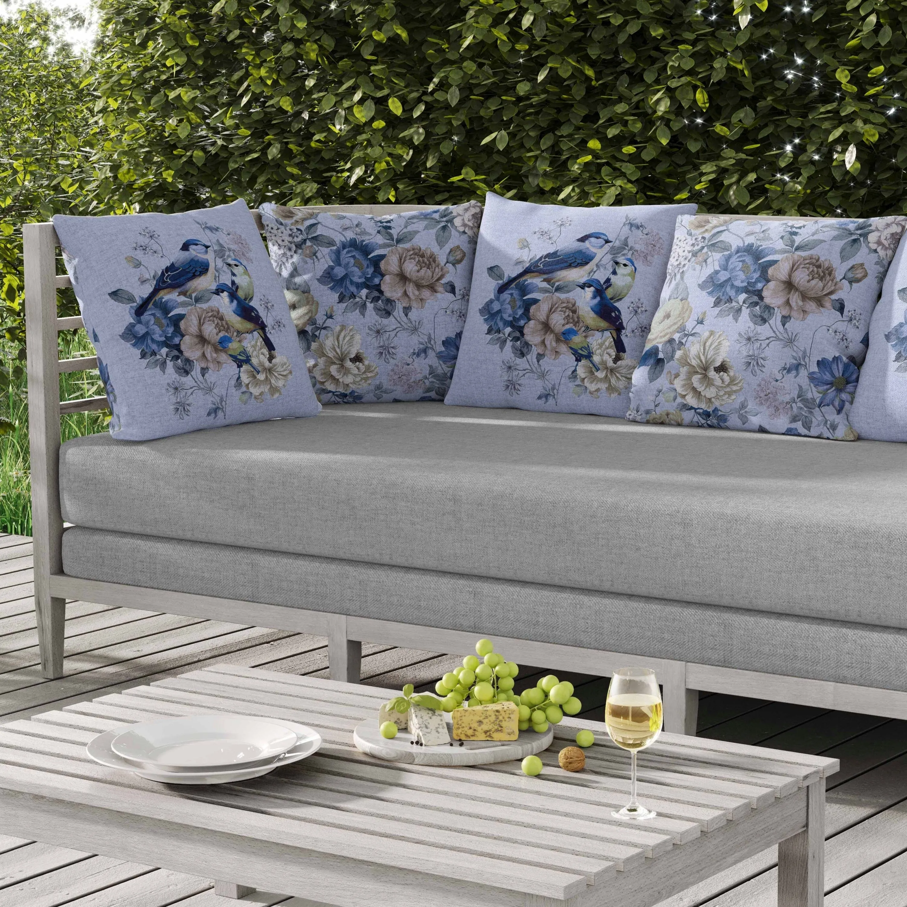 Petal Perched Birds Indoor/Outdoor Reversible Throw Pillow Skyblue and Lavender