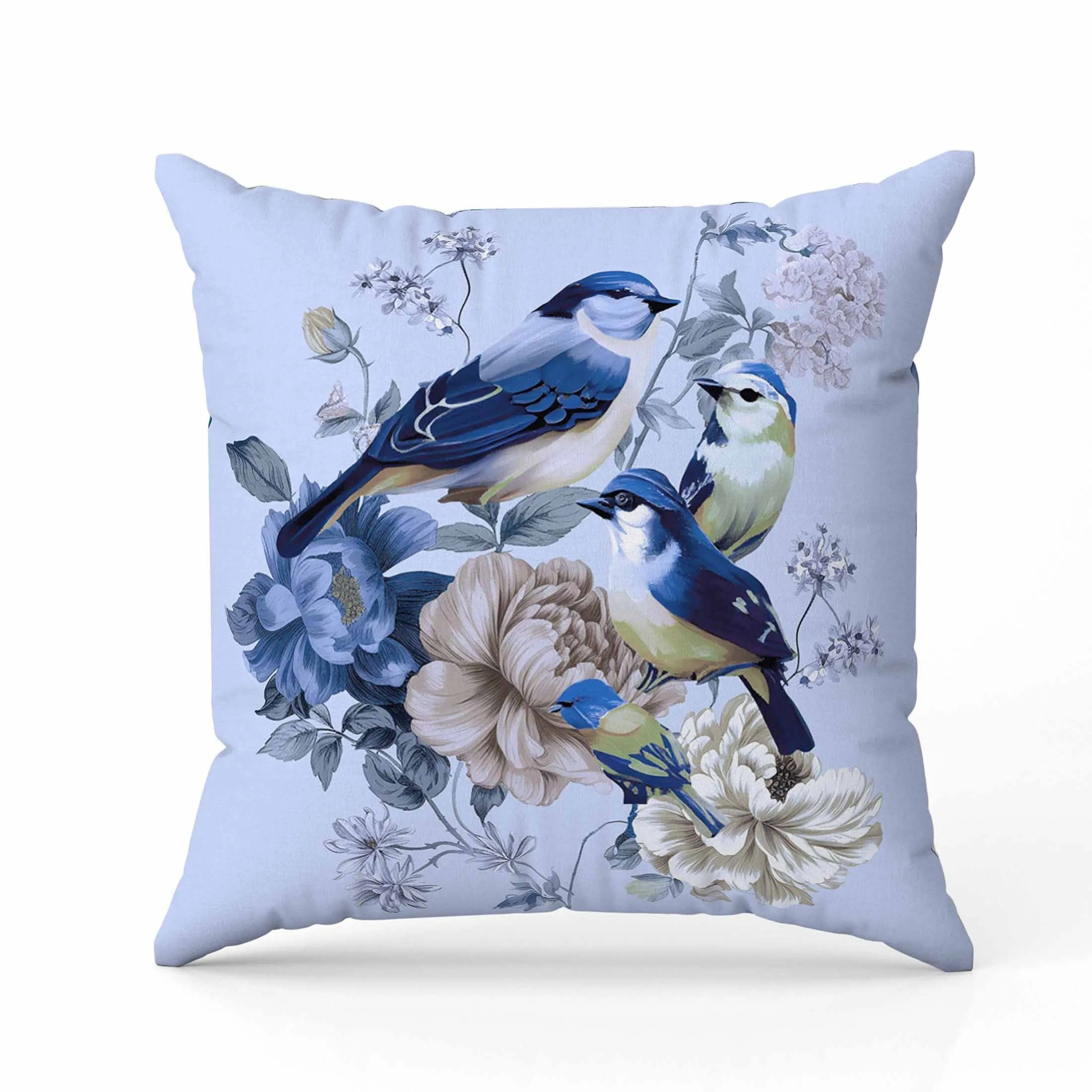 Petal Perched Birds Indoor/Outdoor Reversible Throw Pillow Skyblue and Lavender