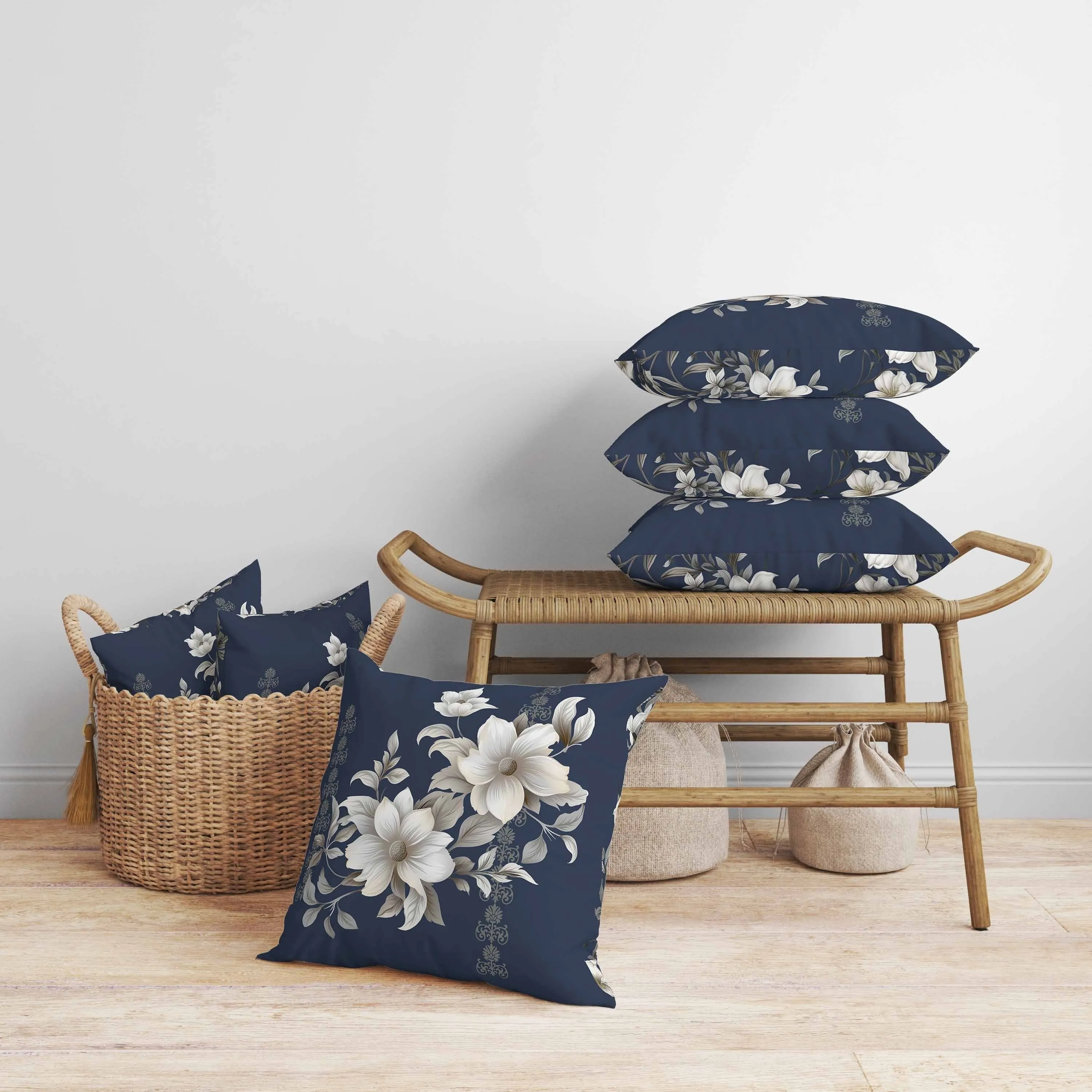Petal Perfection Faux Suede Reversible Throw Pillow Blue and Cream