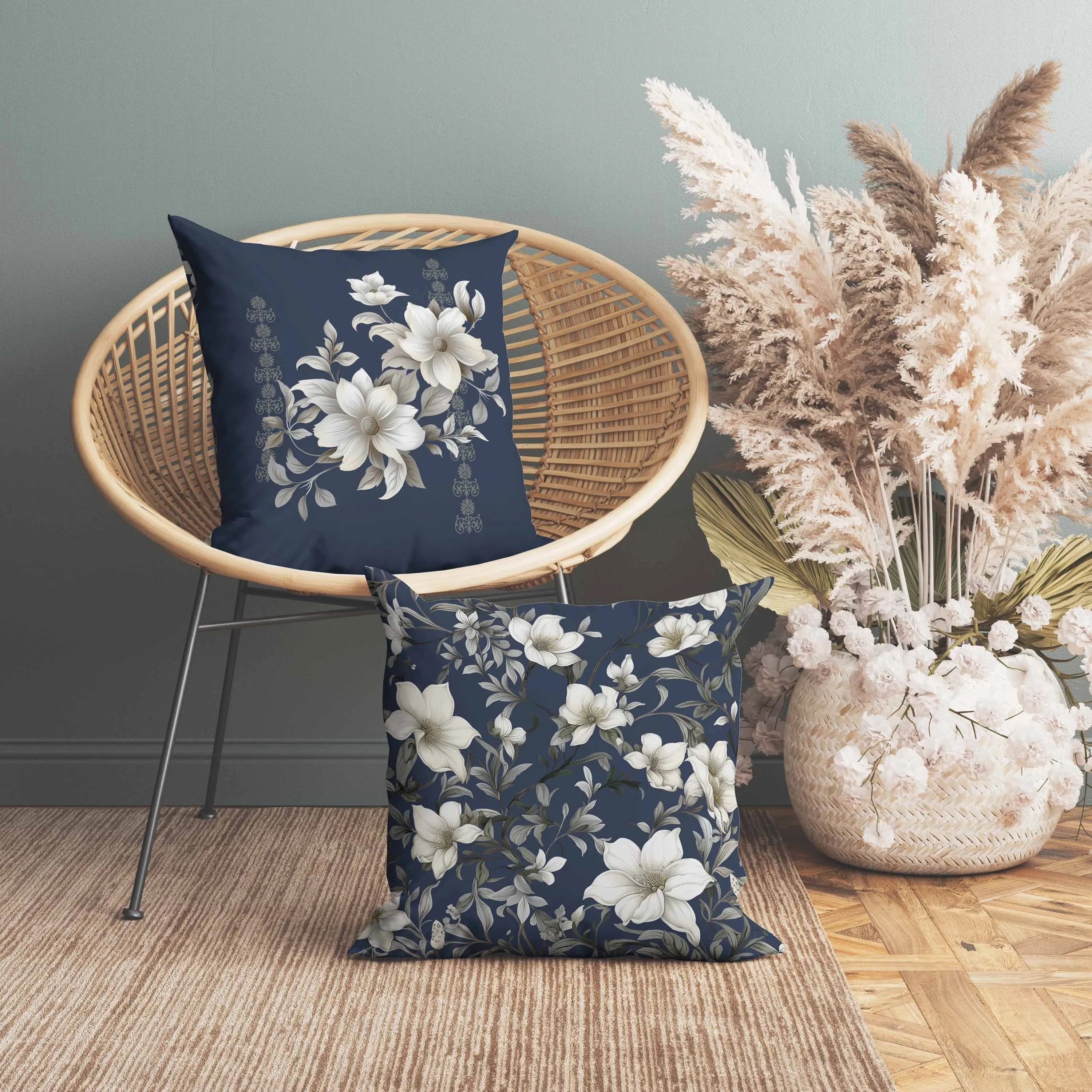 Petal Perfection Faux Suede Reversible Throw Pillow Blue and Cream