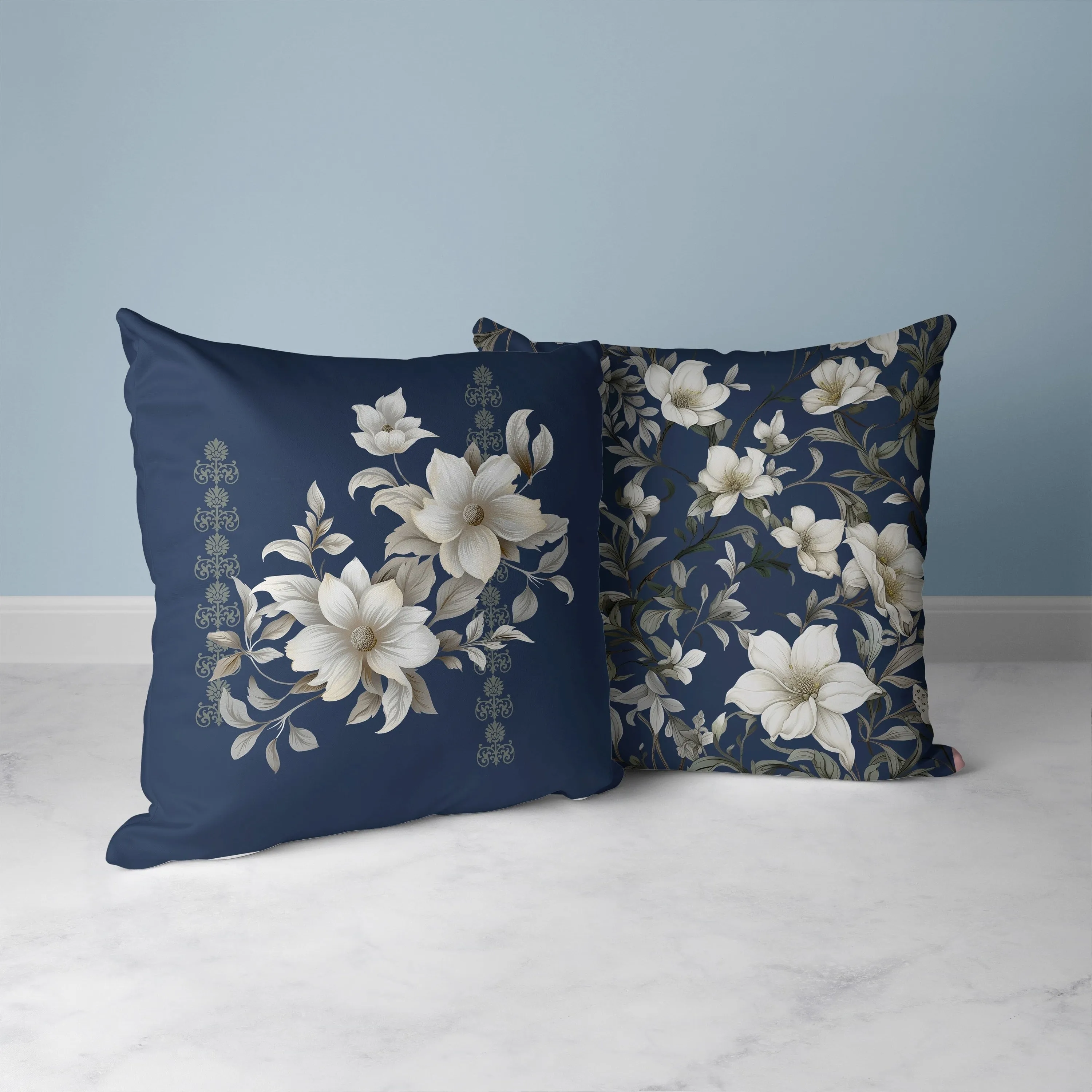 Petal Perfection Faux Suede Reversible Throw Pillow Blue and Cream