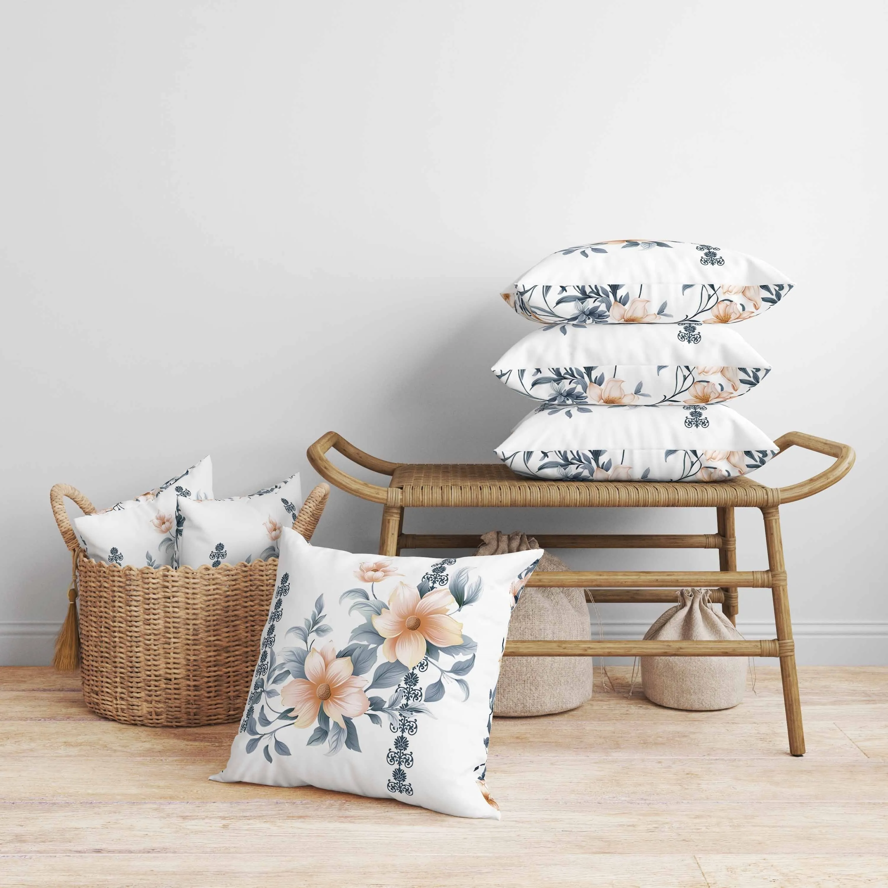 Petal Perfection Faux Suede Reversible Throw Pillow White and Blue