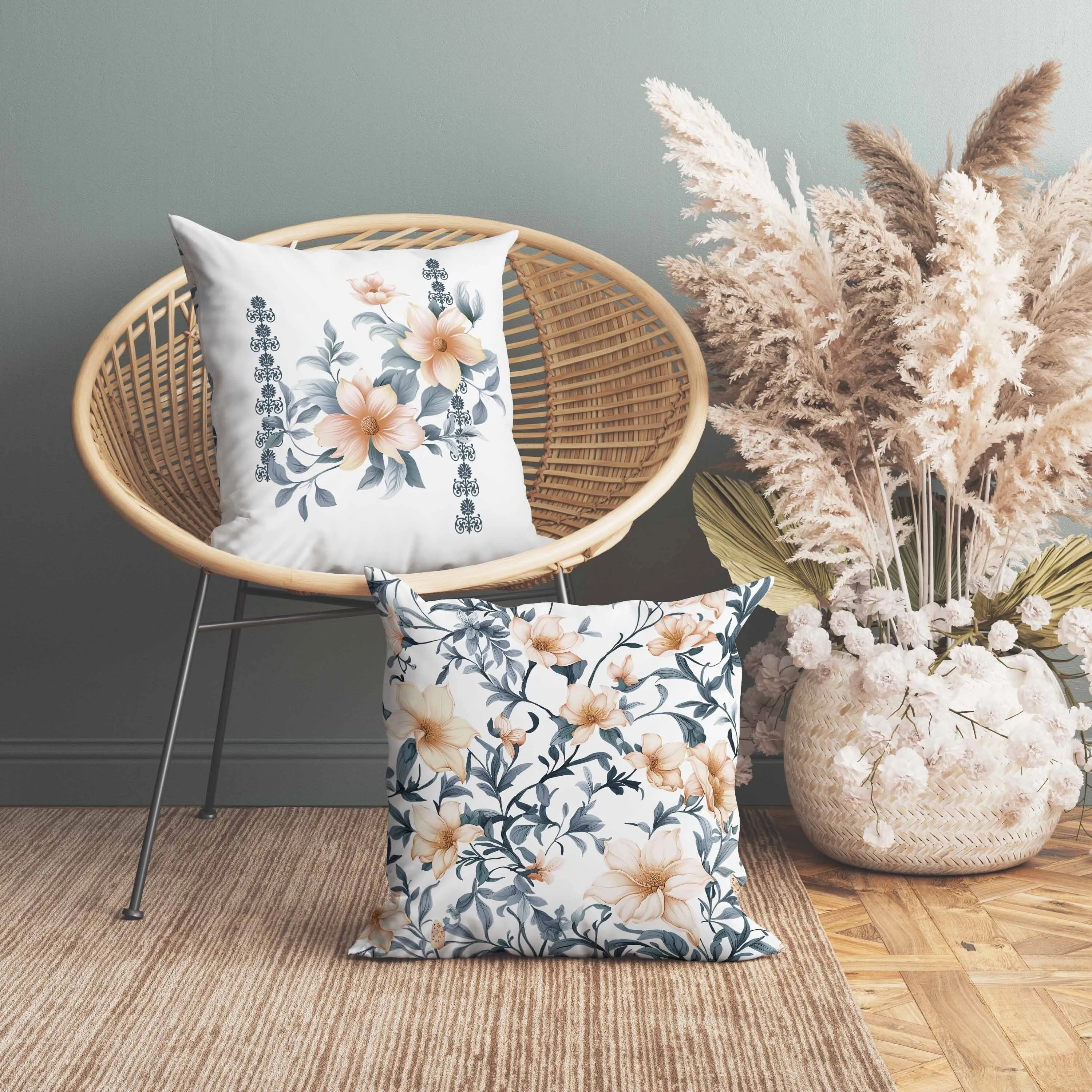 Petal Perfection Faux Suede Reversible Throw Pillow White and Blue
