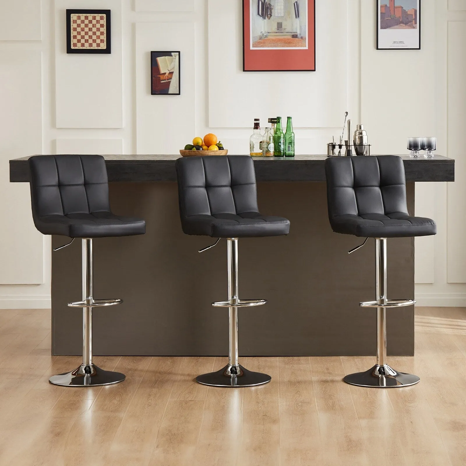 PU Leather Swivel Stools with Backrest & Footrest. Set of 2