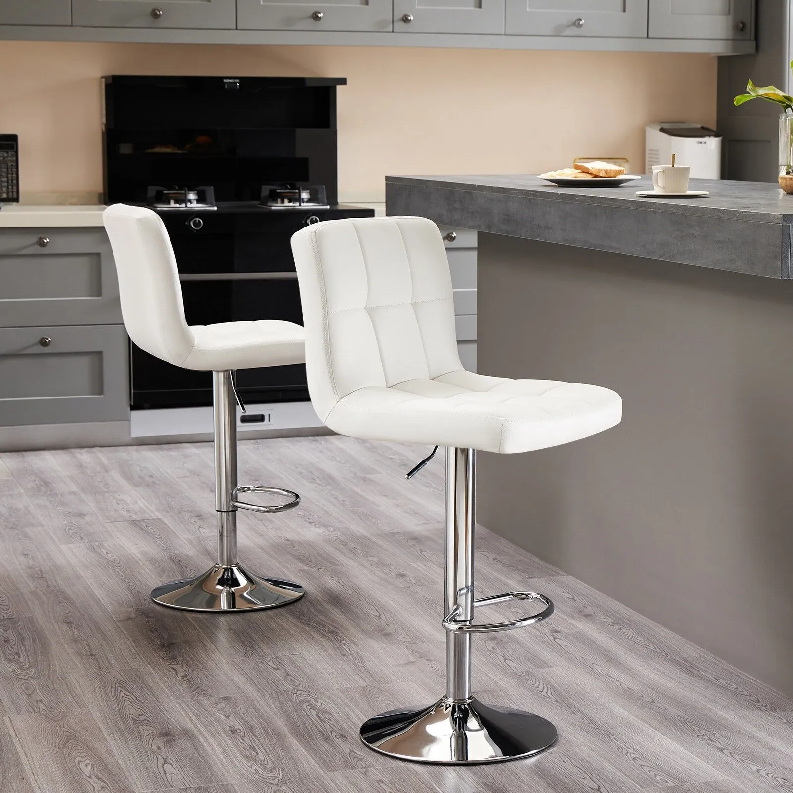 PU Leather Swivel Stools with Backrest & Footrest. Set of 2