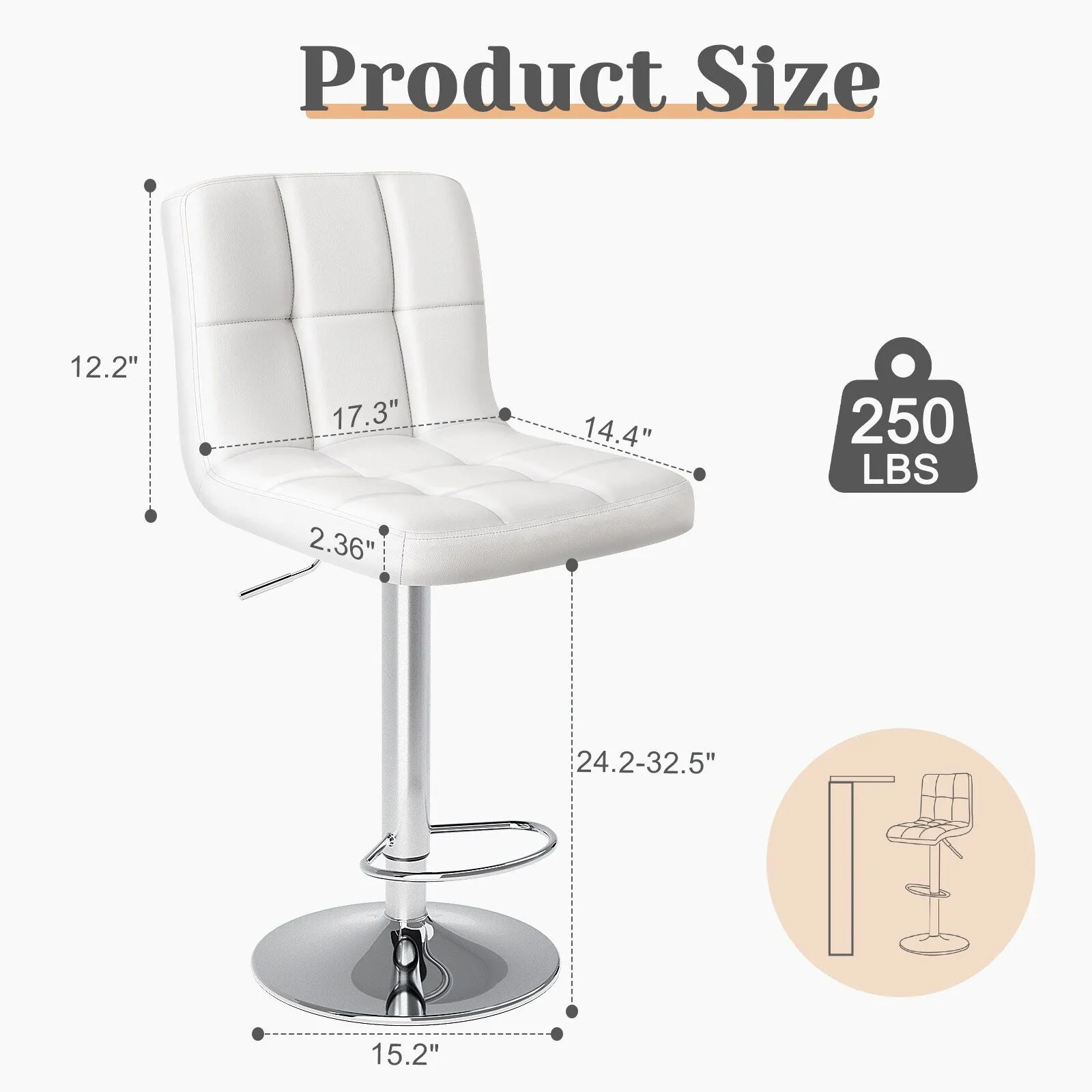 PU Leather Swivel Stools with Backrest & Footrest. Set of 2