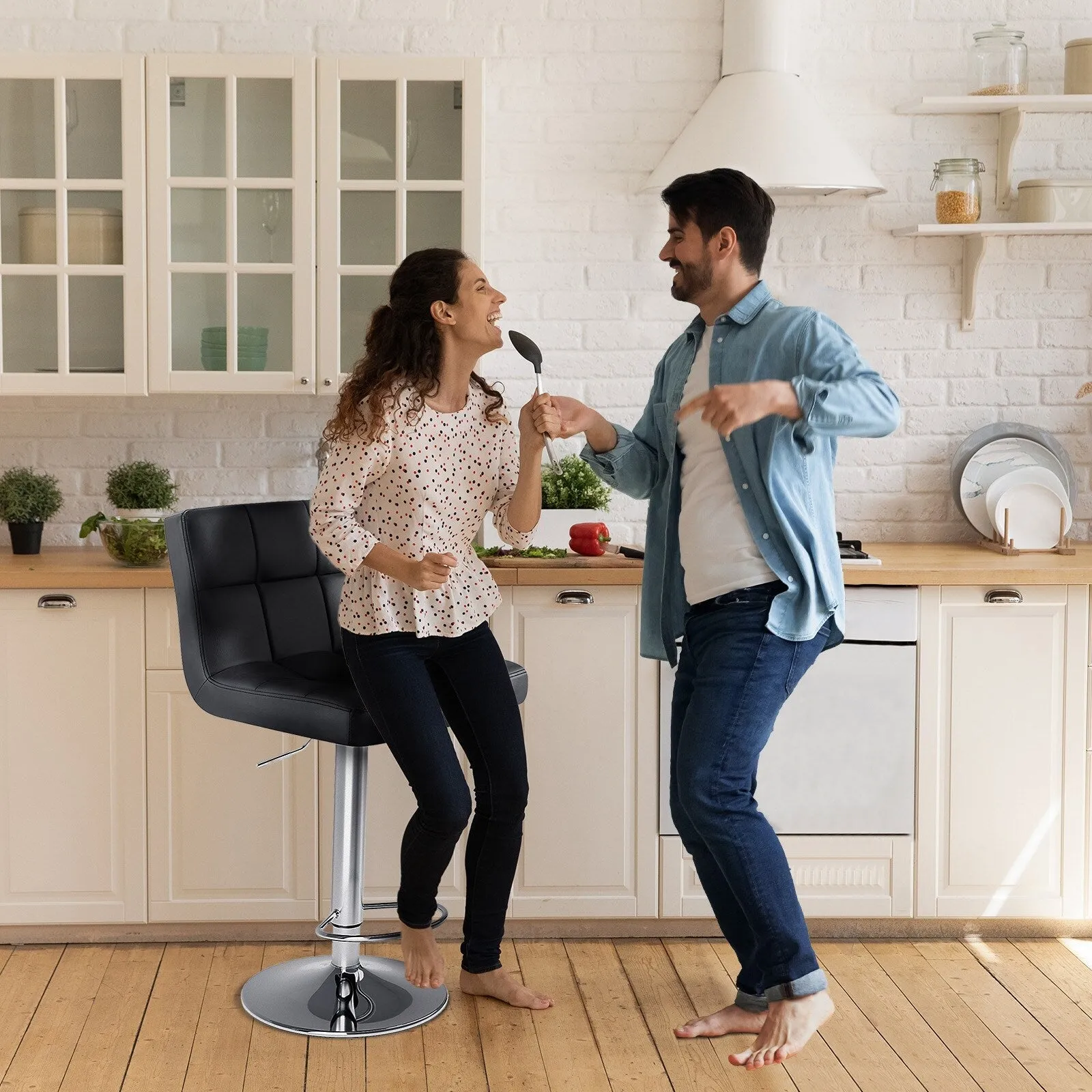 PU Leather Swivel Stools with Backrest & Footrest. Set of 2