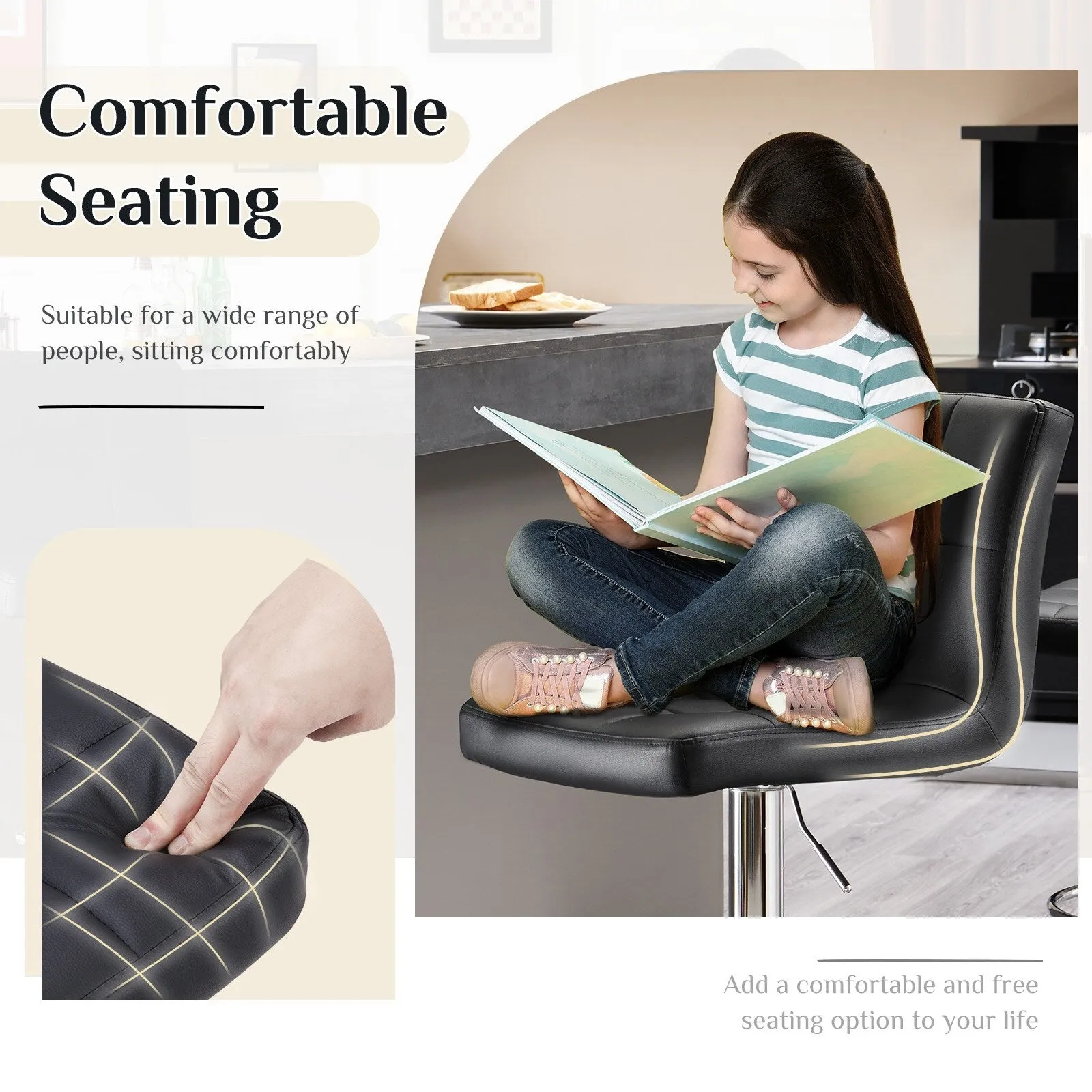 PU Leather Swivel Stools with Backrest & Footrest. Set of 2