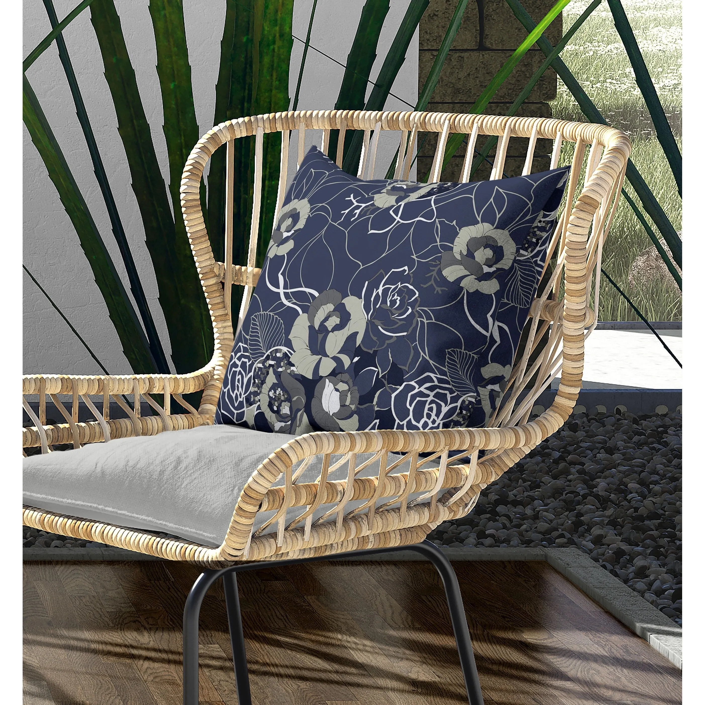 Regal Rose Retreat Indoor/Outdoor Reversible Throw Pillow Blue and Gray
