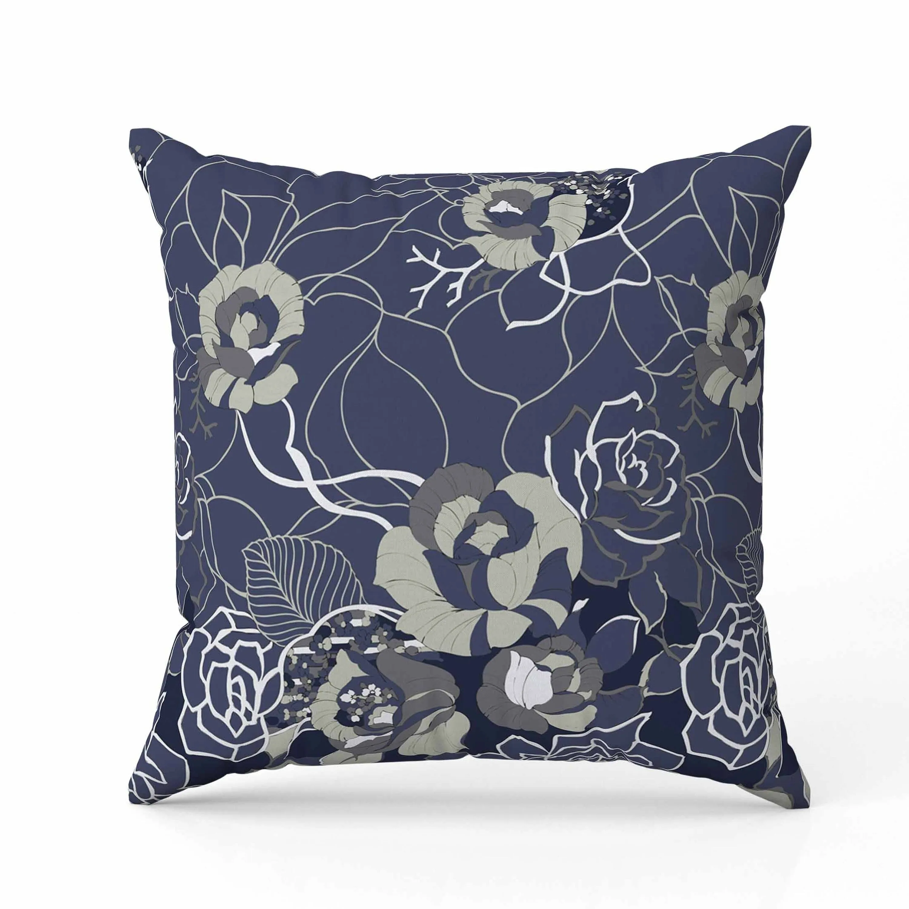 Regal Rose Retreat Indoor/Outdoor Reversible Throw Pillow Blue and Gray