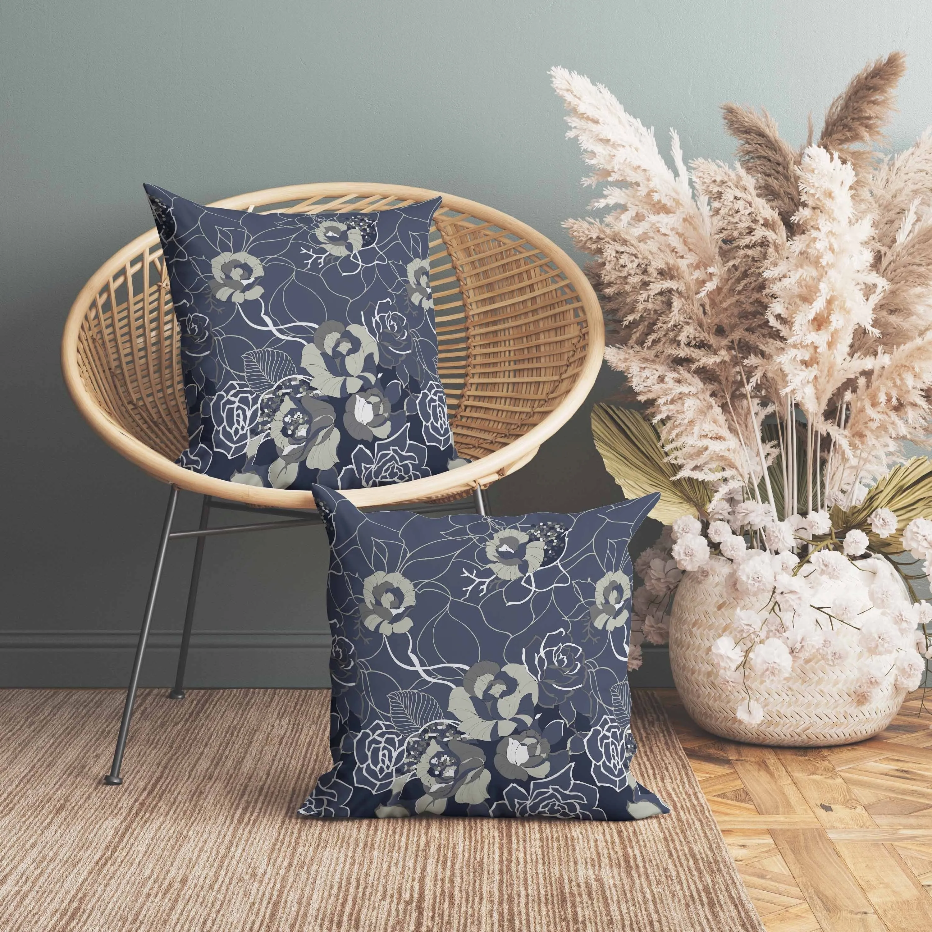 Regal Rose Retreat Indoor/Outdoor Reversible Throw Pillow Blue and Gray