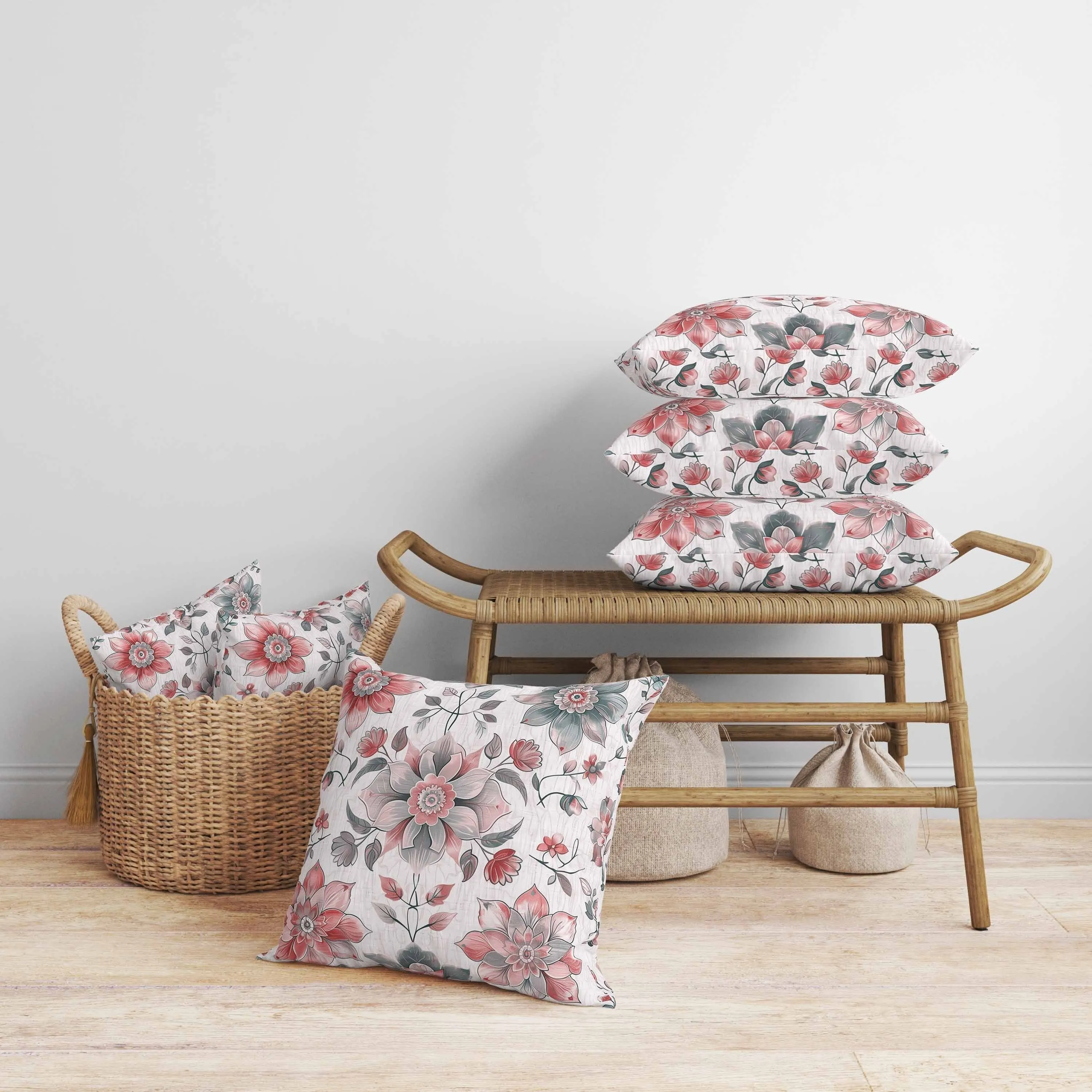 Retro Floral Faux Suede Reversible Throw Pillow Green and Red