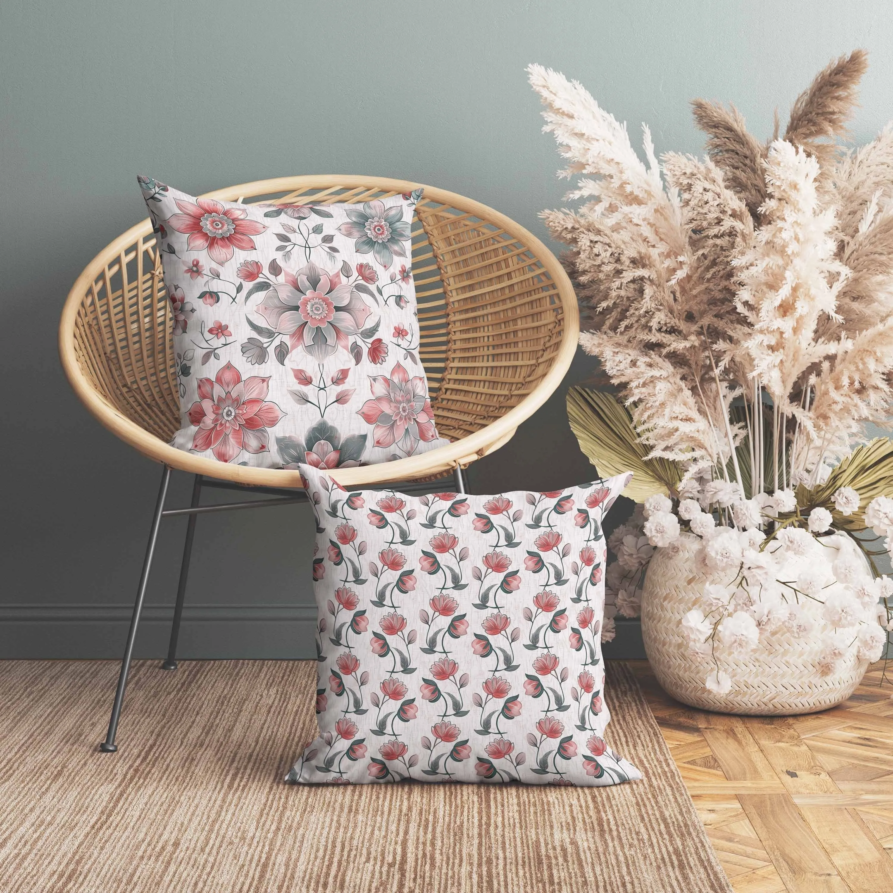 Retro Floral Faux Suede Reversible Throw Pillow Green and Red