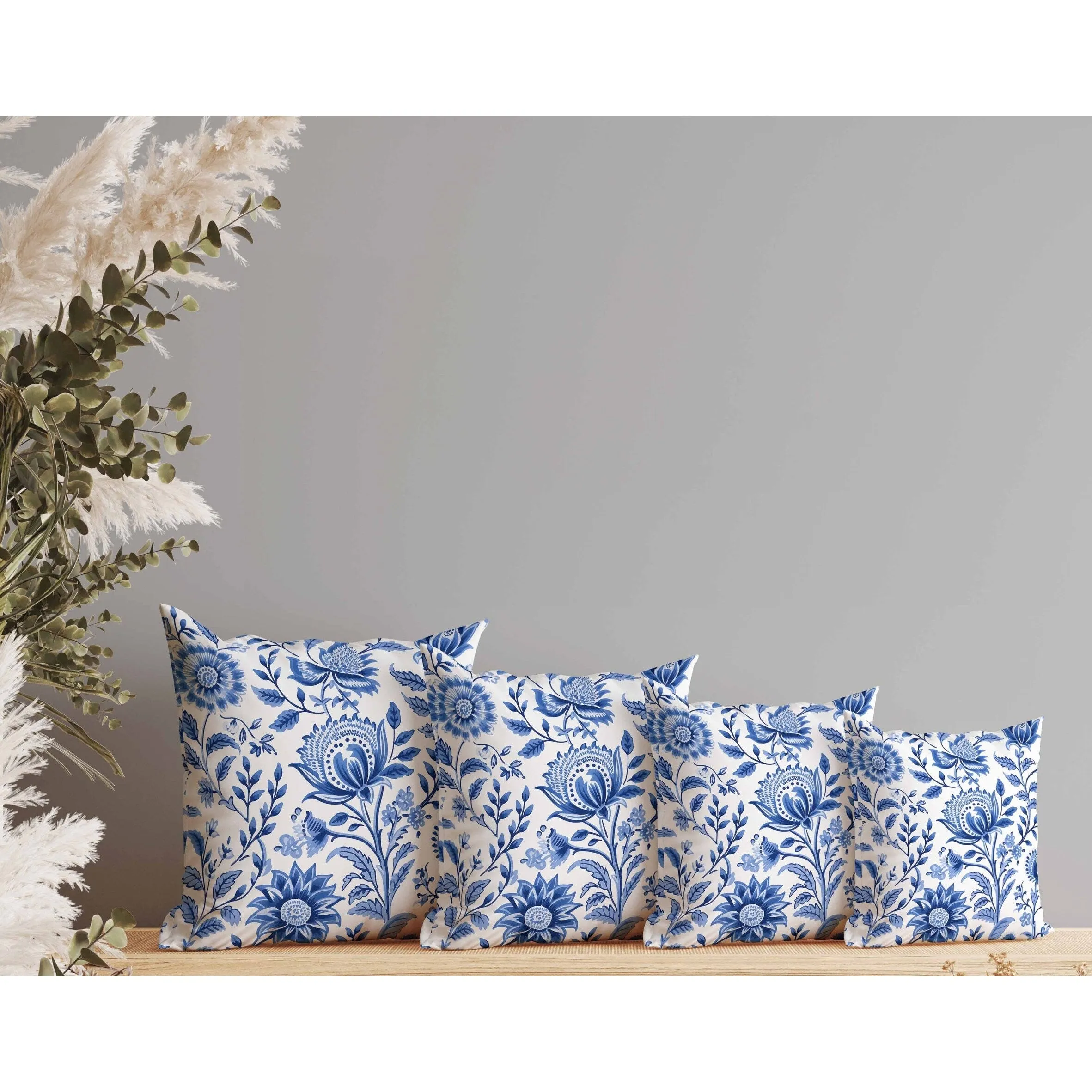 Sanganeri Block Print Faux Suede Reversible Throw Pillow Blue and White