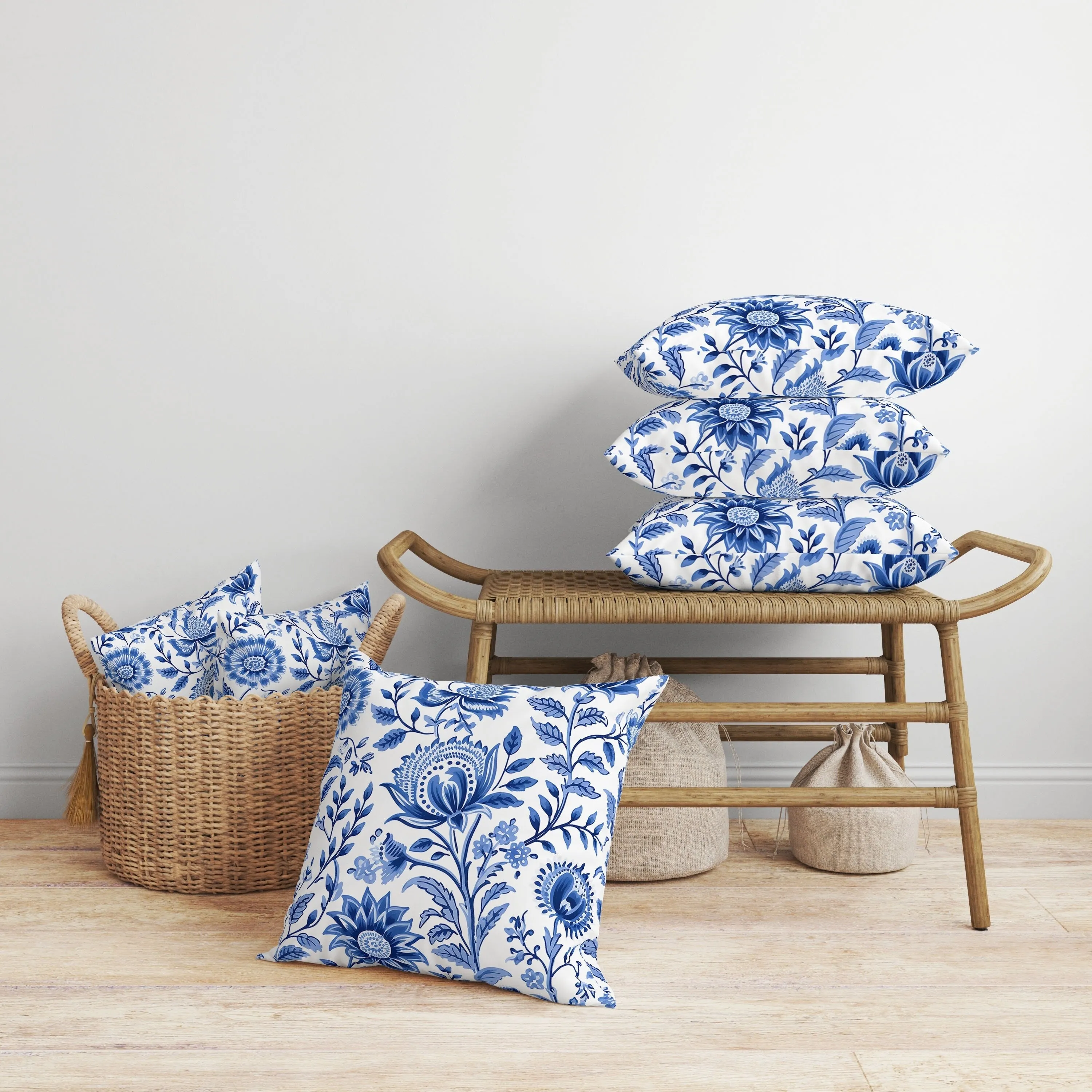 Sanganeri Block Print Faux Suede Reversible Throw Pillow Blue and White