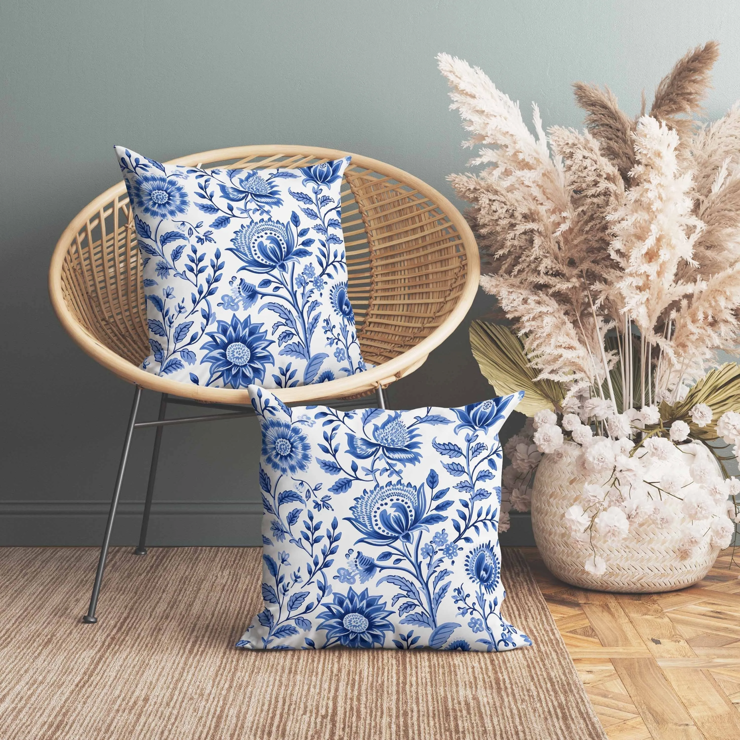 Sanganeri Block Print Faux Suede Reversible Throw Pillow Blue and White