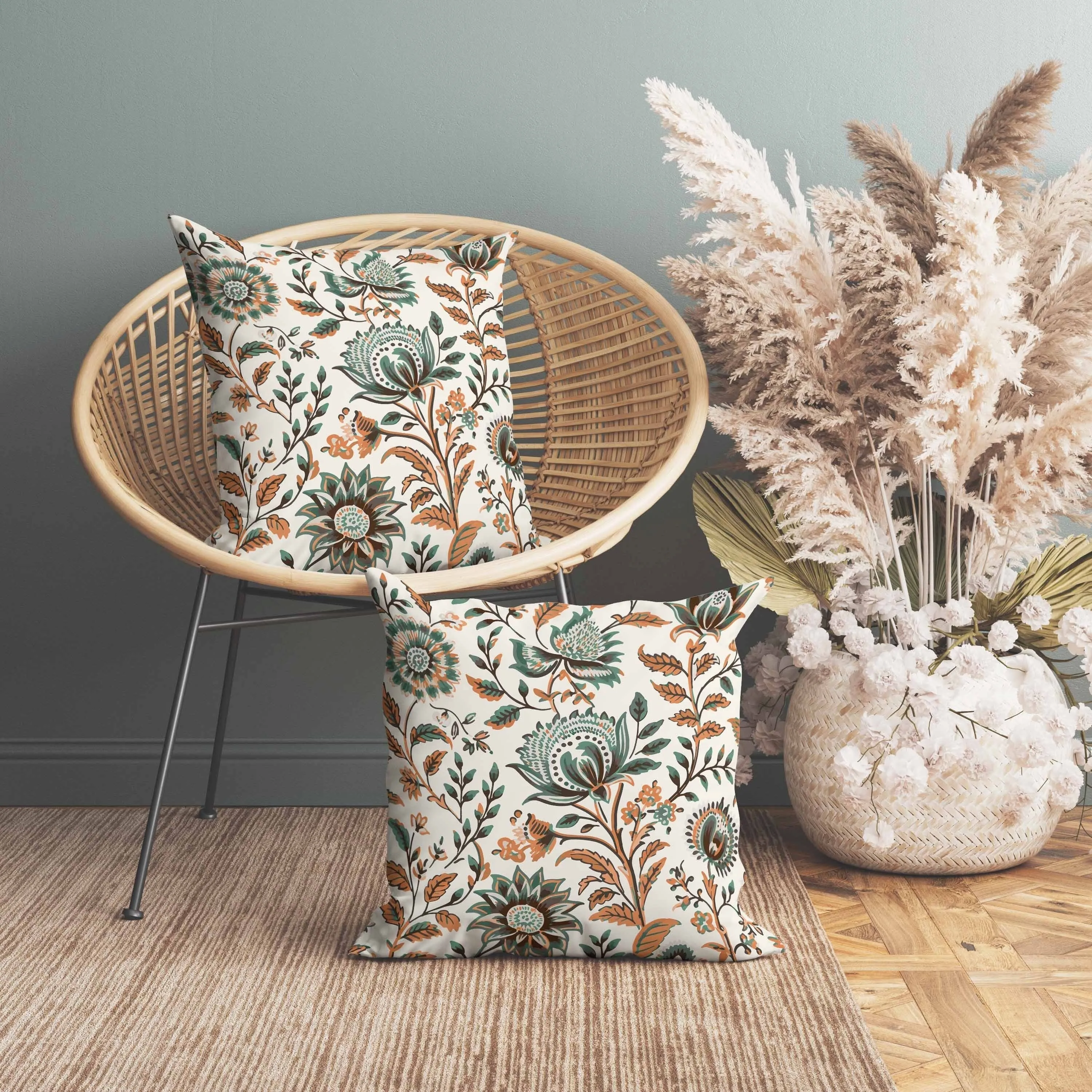Sanganeri Block Print Faux Suede Reversible Throw Pillow Orange and Teal