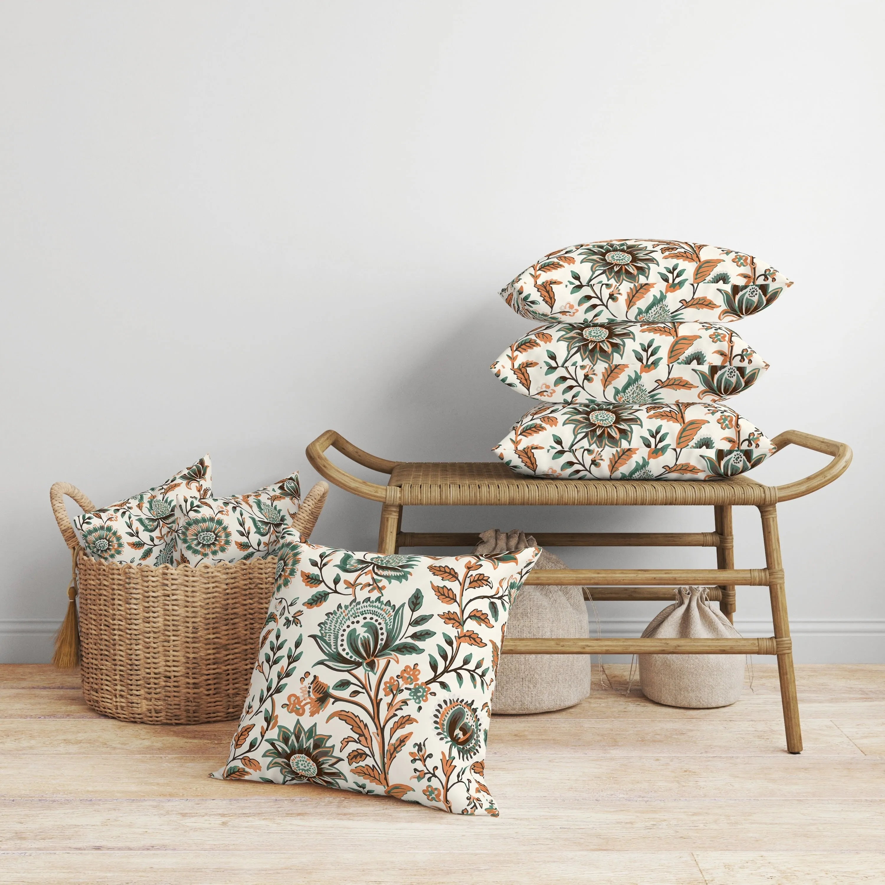 Sanganeri Block Print Faux Suede Reversible Throw Pillow Orange and Teal