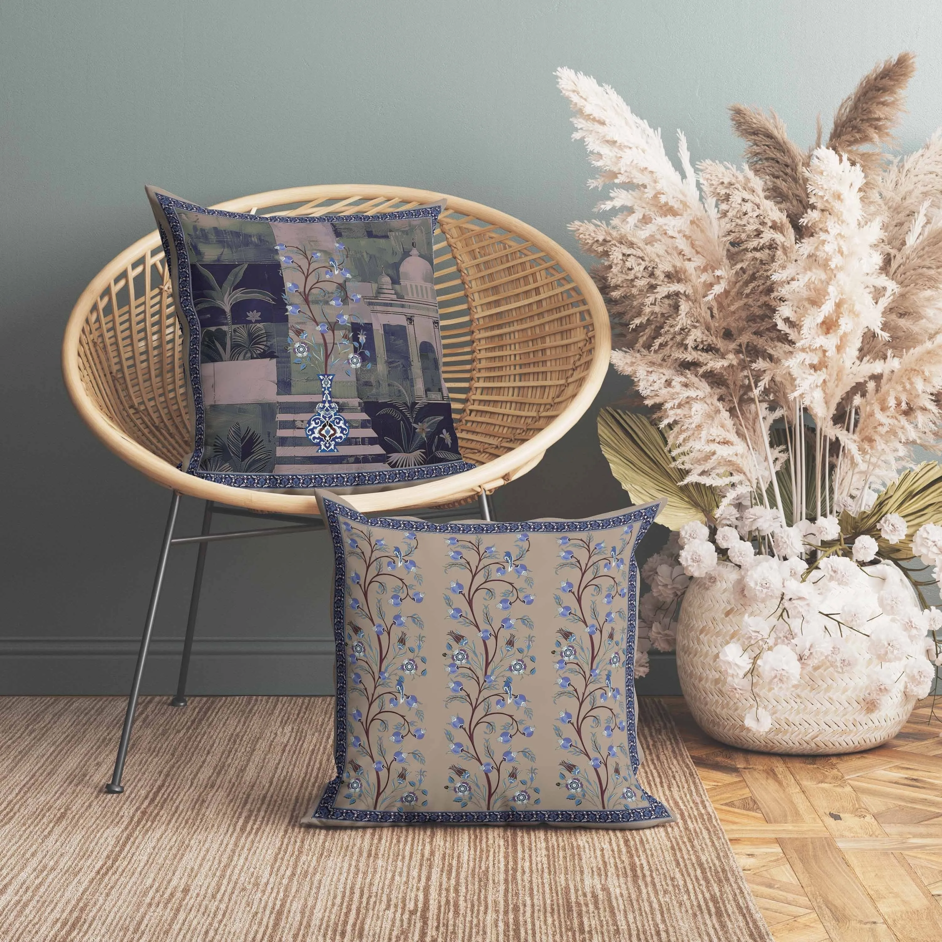 Shahi Garden Bloom Faux Suede Reversible Throw Pillow Blue and Light