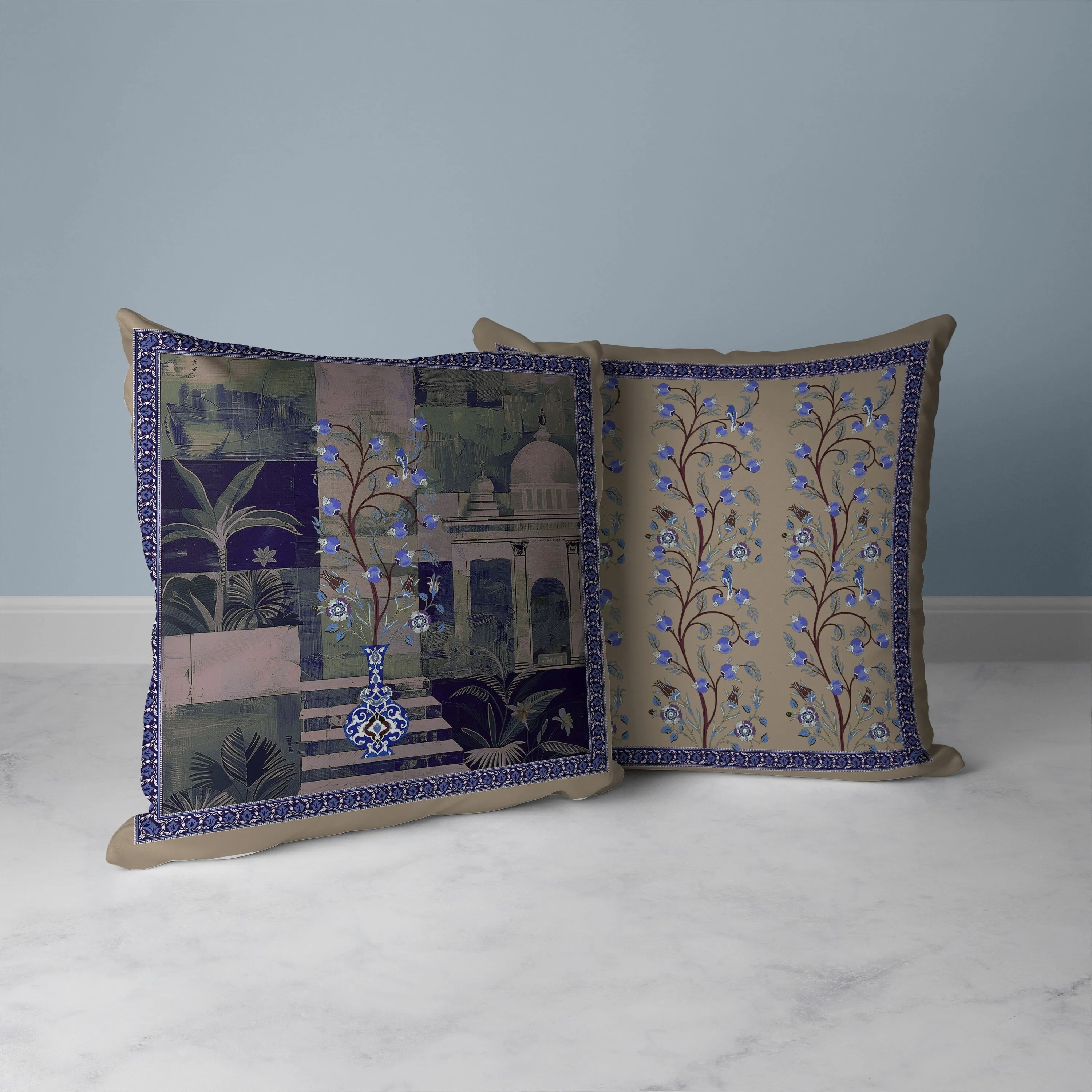 Shahi Garden Bloom Faux Suede Reversible Throw Pillow Blue and Light