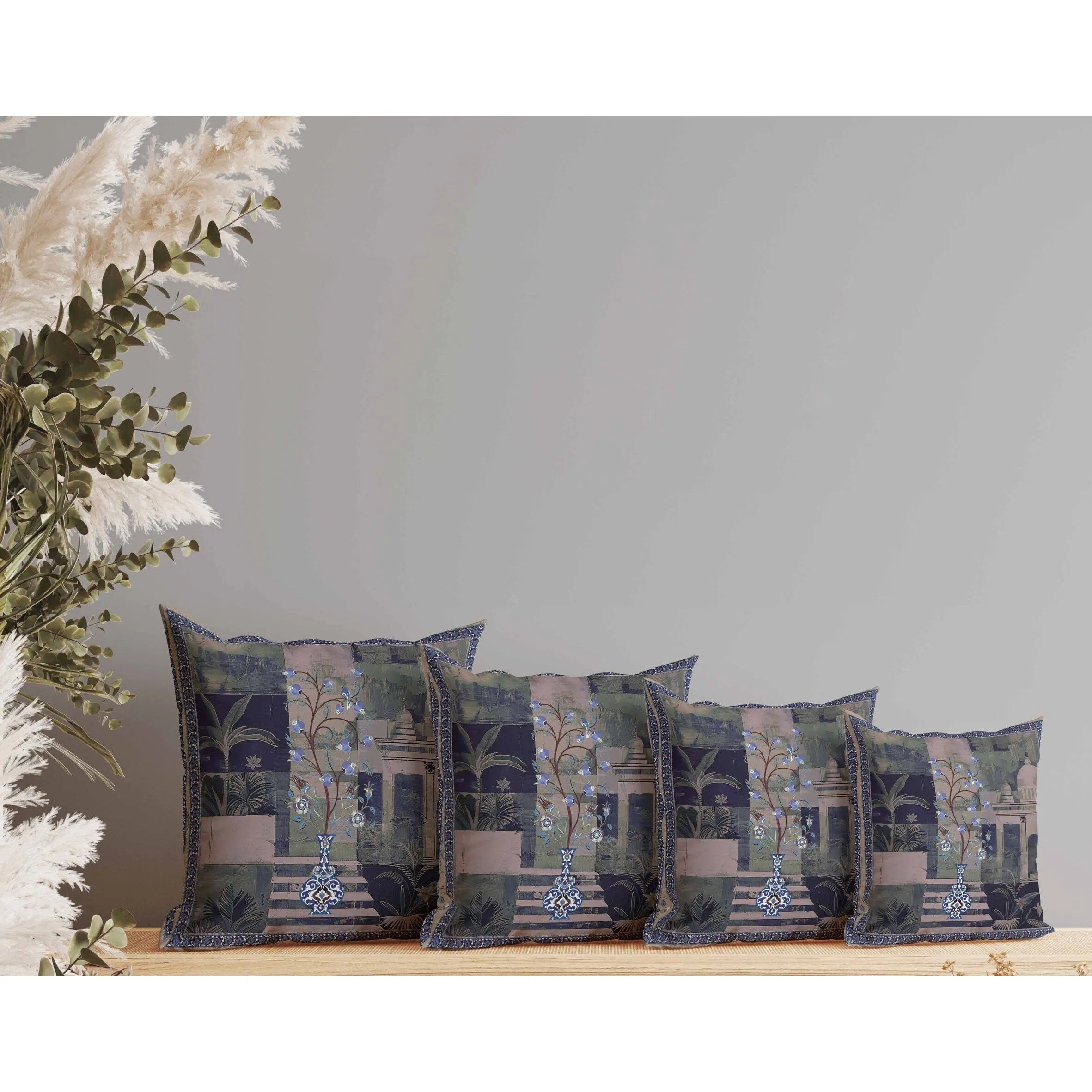 Shahi Garden Bloom Faux Suede Reversible Throw Pillow Blue and Light