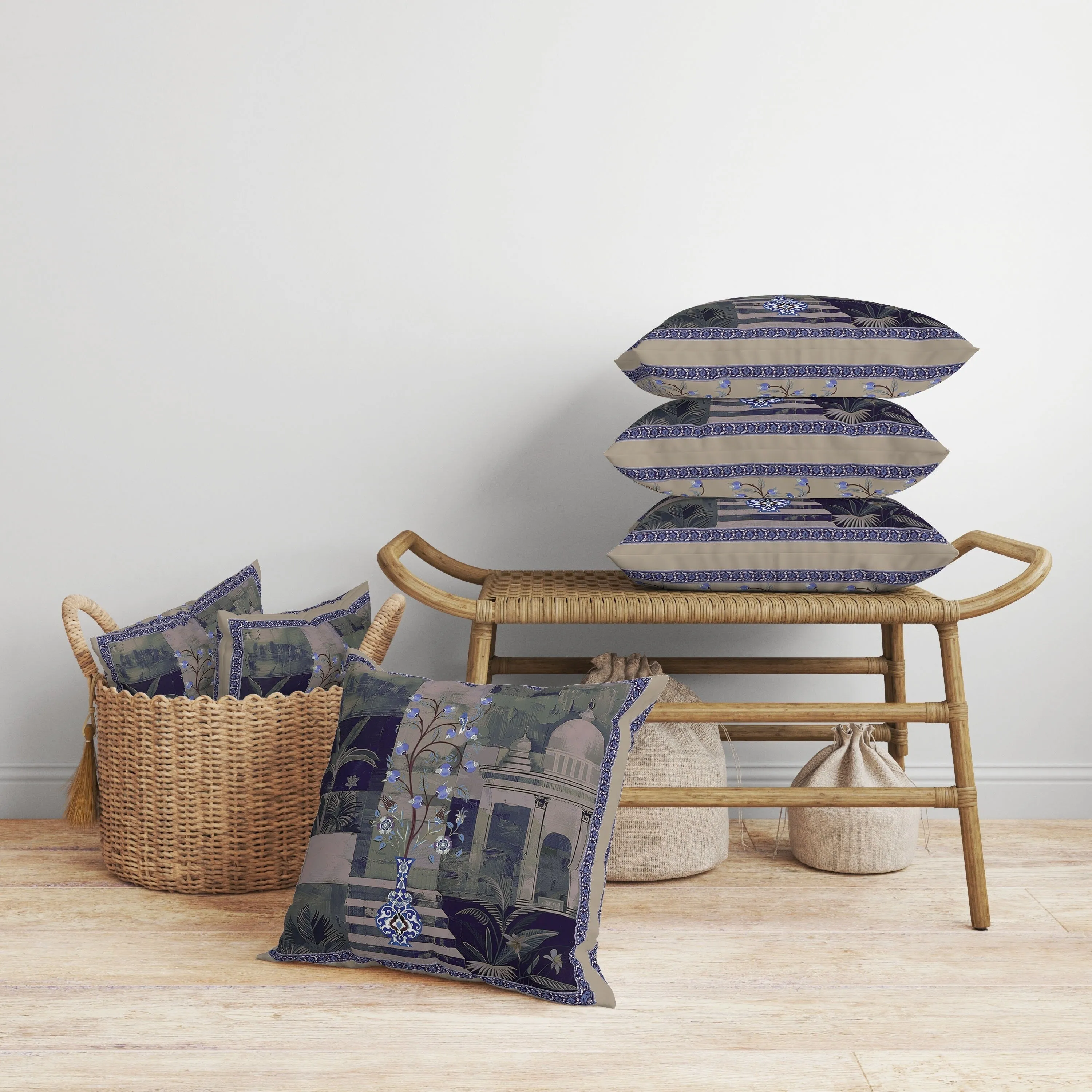 Shahi Garden Bloom Faux Suede Reversible Throw Pillow Blue and Light